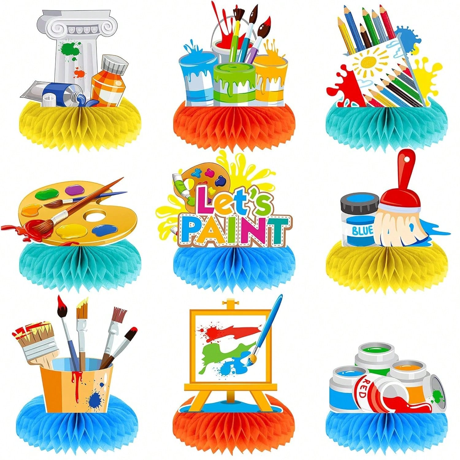 9pcs Paint Party Honeycomb Centerpieces Art Theme Decorations for Birthday Shower