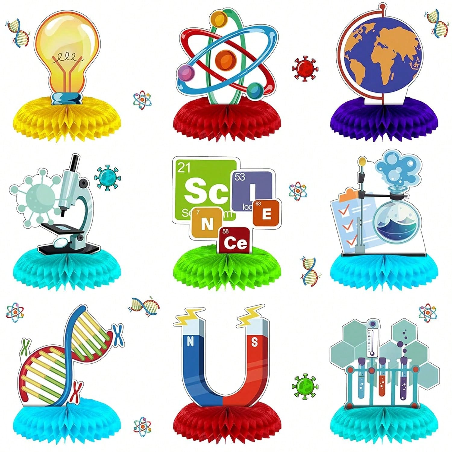 9pcs Science Party Honeycomb Centerpieces 3D Table Decorations for Lab Theme