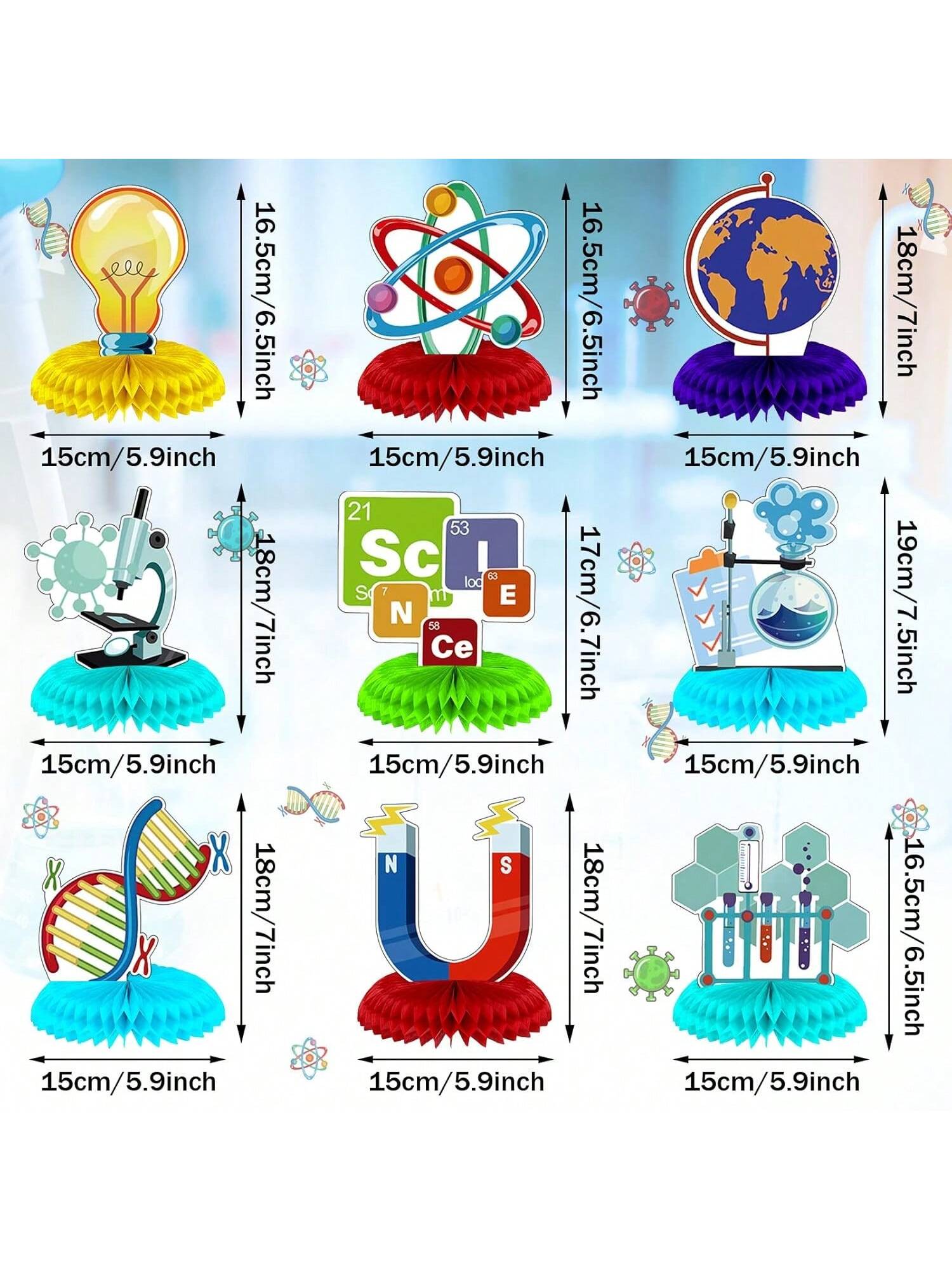 9pcs Science Party Honeycomb Centerpieces 3D Table Decorations for Lab Theme