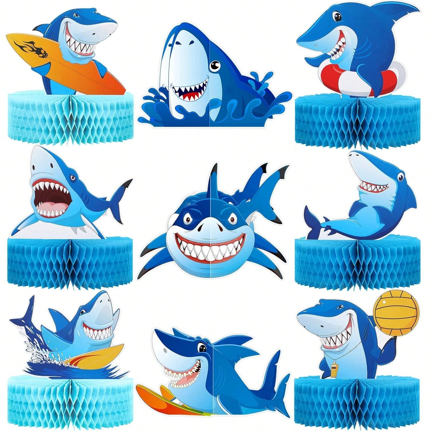 9-Pc Shark Honeycomb Table Centerpieces for Birthday and Baby Shower Parties