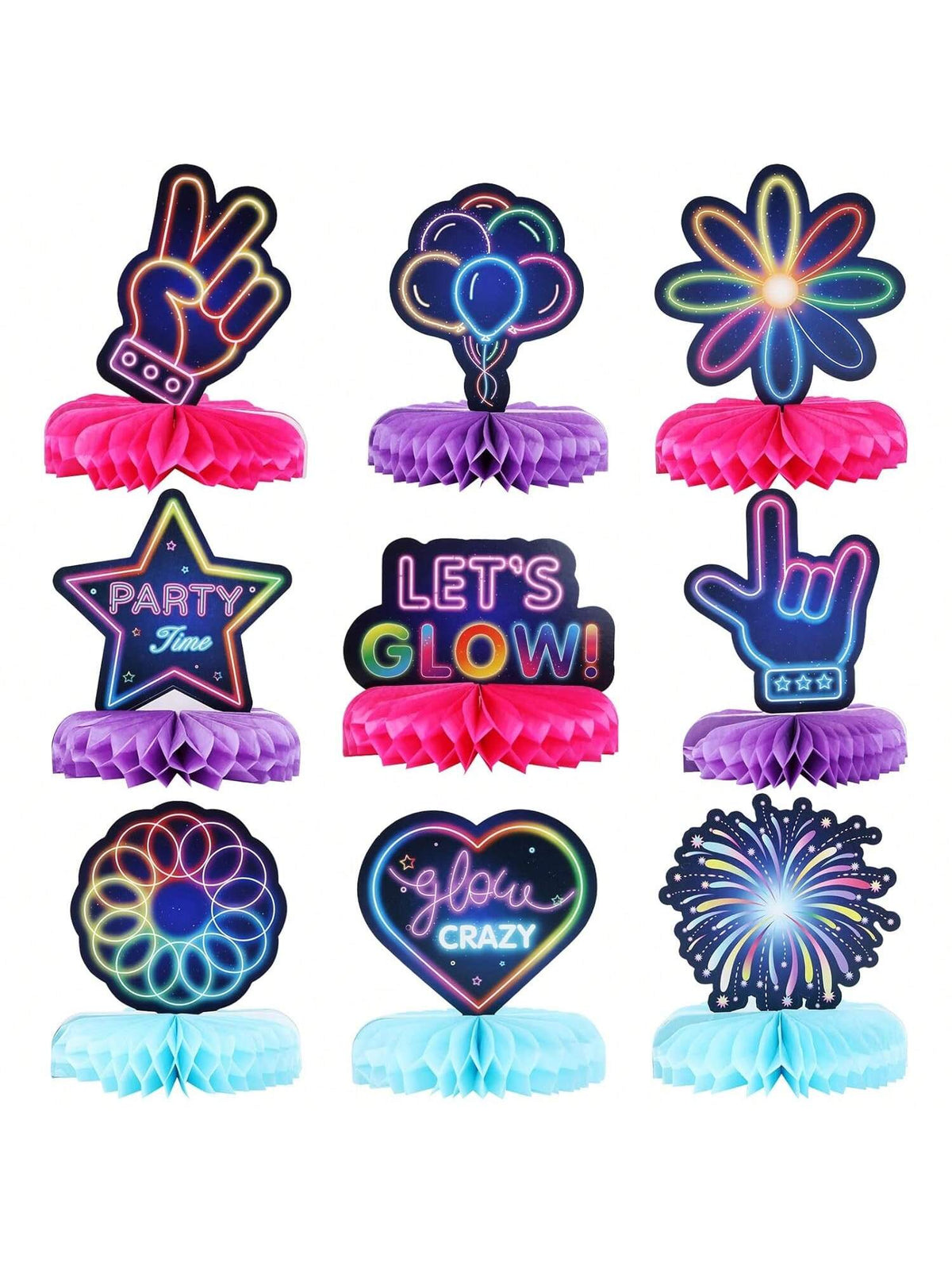 9pcs Glow Neon Honeycomb Party Centerpieces Tabletop Decorations for Glow Party