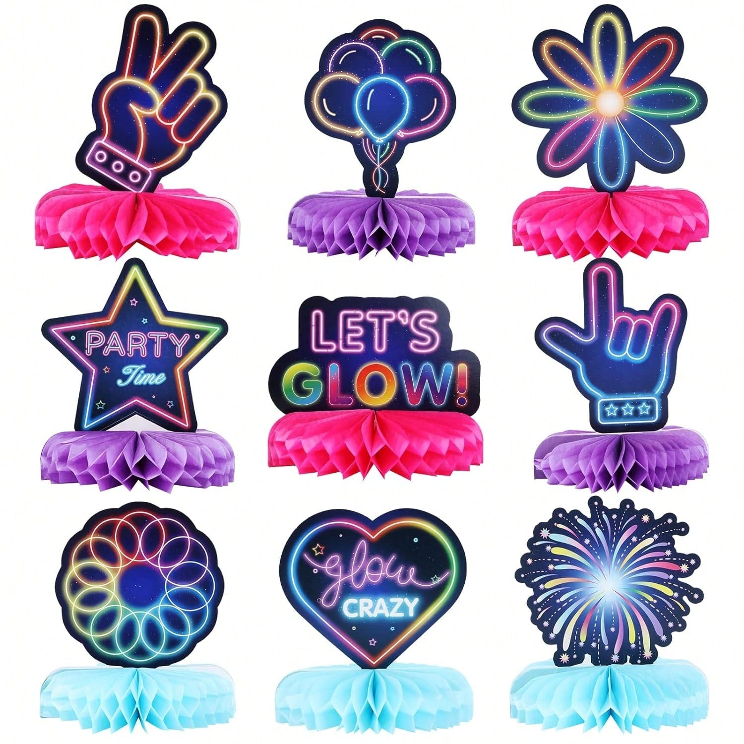 9pcs Glow Neon Honeycomb Party Centerpieces Tabletop Decorations for Glow Party