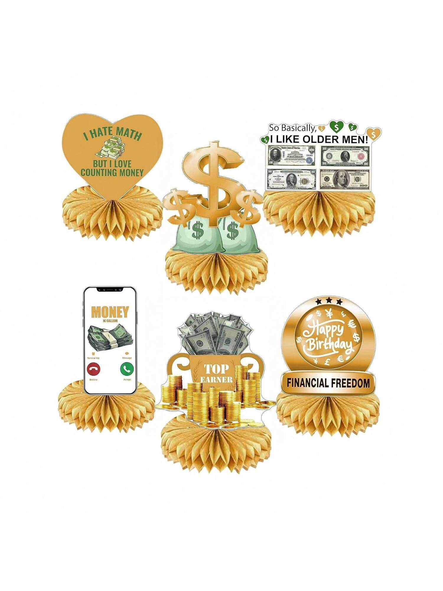6pcs Money Themed Honeycomb Centerpieces Dollar Bill Table Decorations