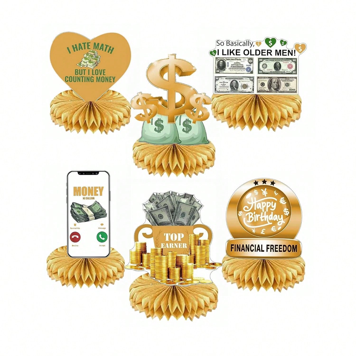 6pcs Money Themed Honeycomb Centerpieces Dollar Bill Table Decorations