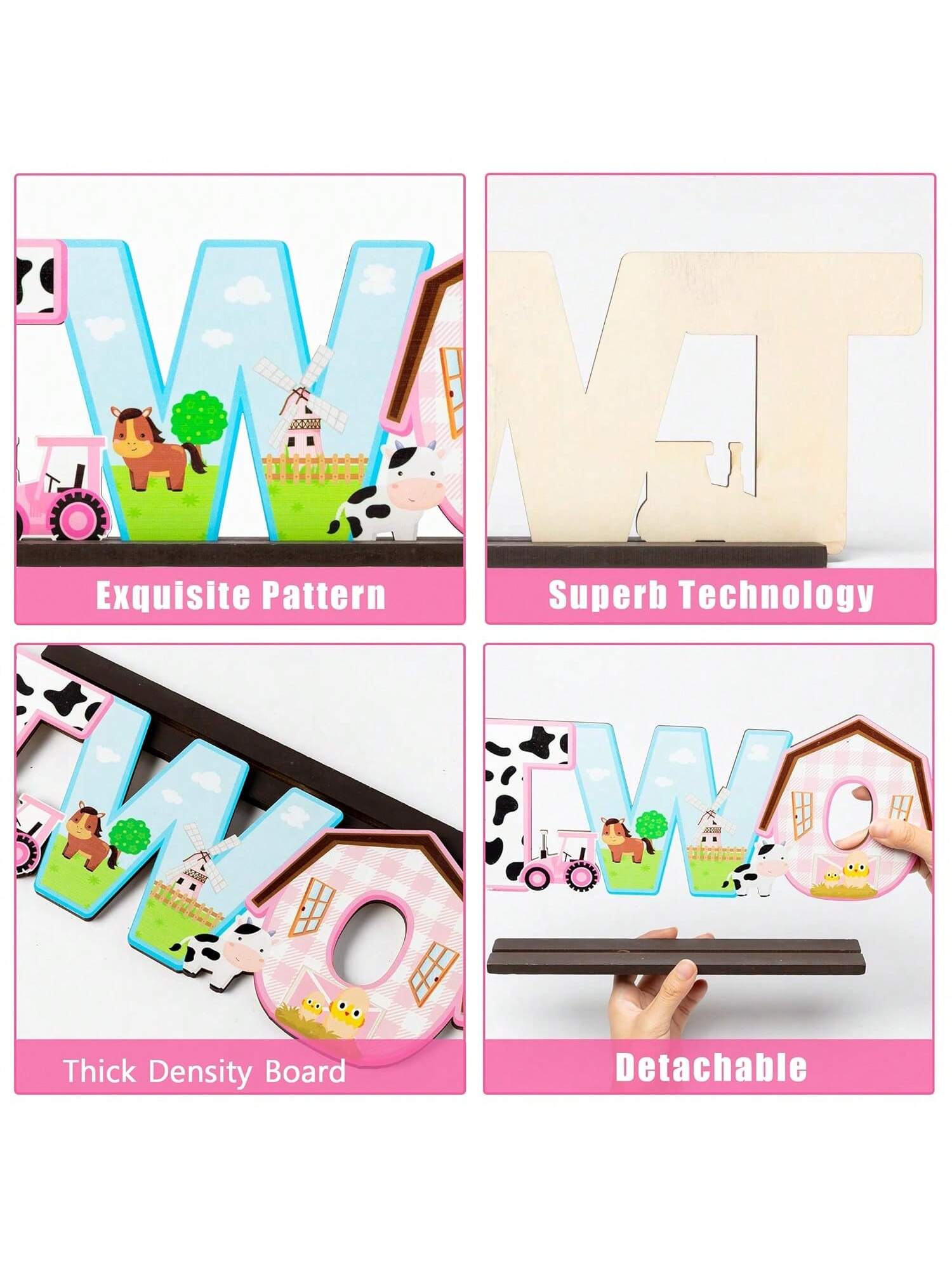 Pink Farm Animals Wooden Letter Table Centerpiece 2nd Birthday Decor for Girls