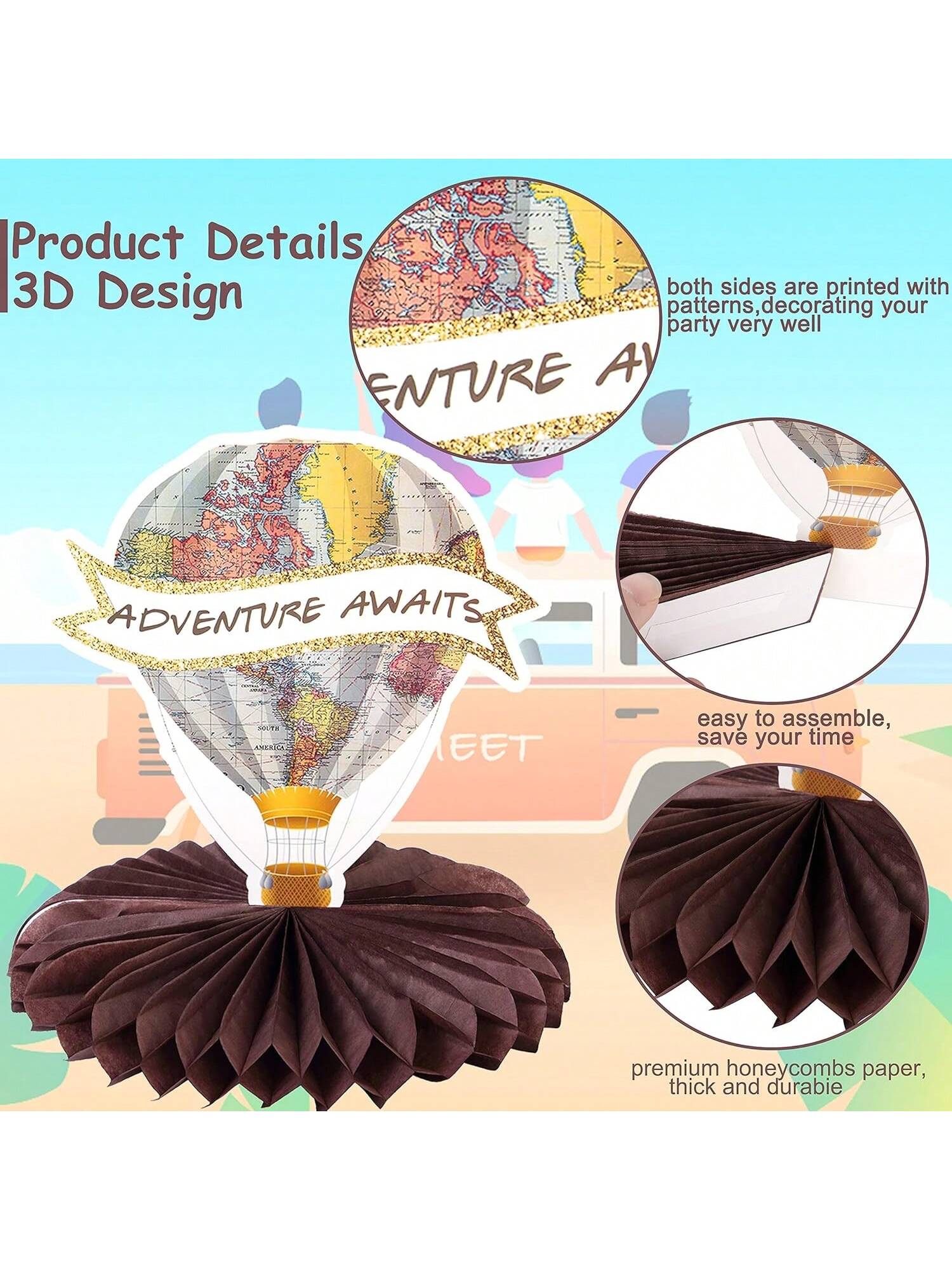 Travel Theme Party Decor with Adventure Table Honeycomb Centerpieces