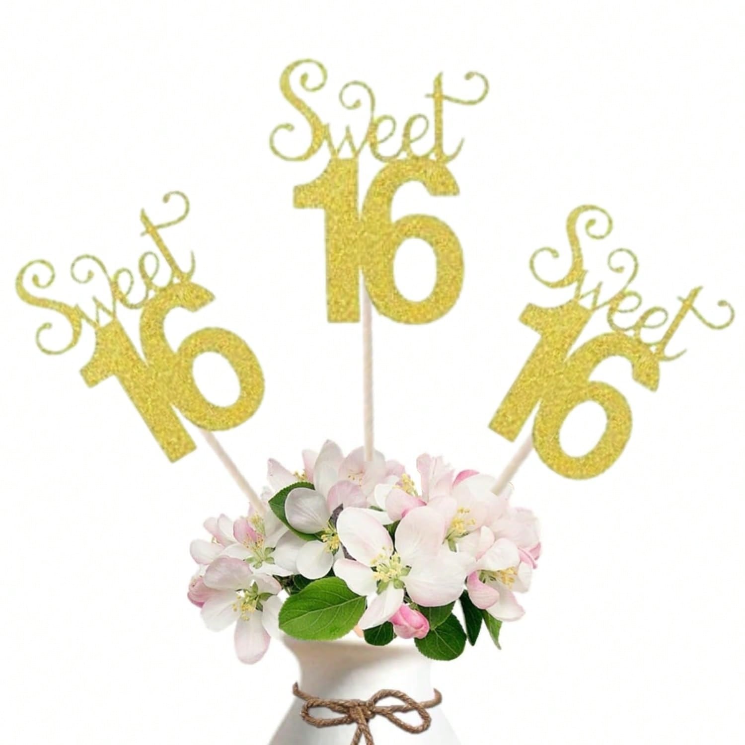 10-Pc Glitter Gold Sweet 16 Number Cake Toppers for Birthday and Party Decor