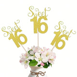 10-Pc Glitter Gold Sweet 16 Number Cake Toppers for Birthday and Party Decor