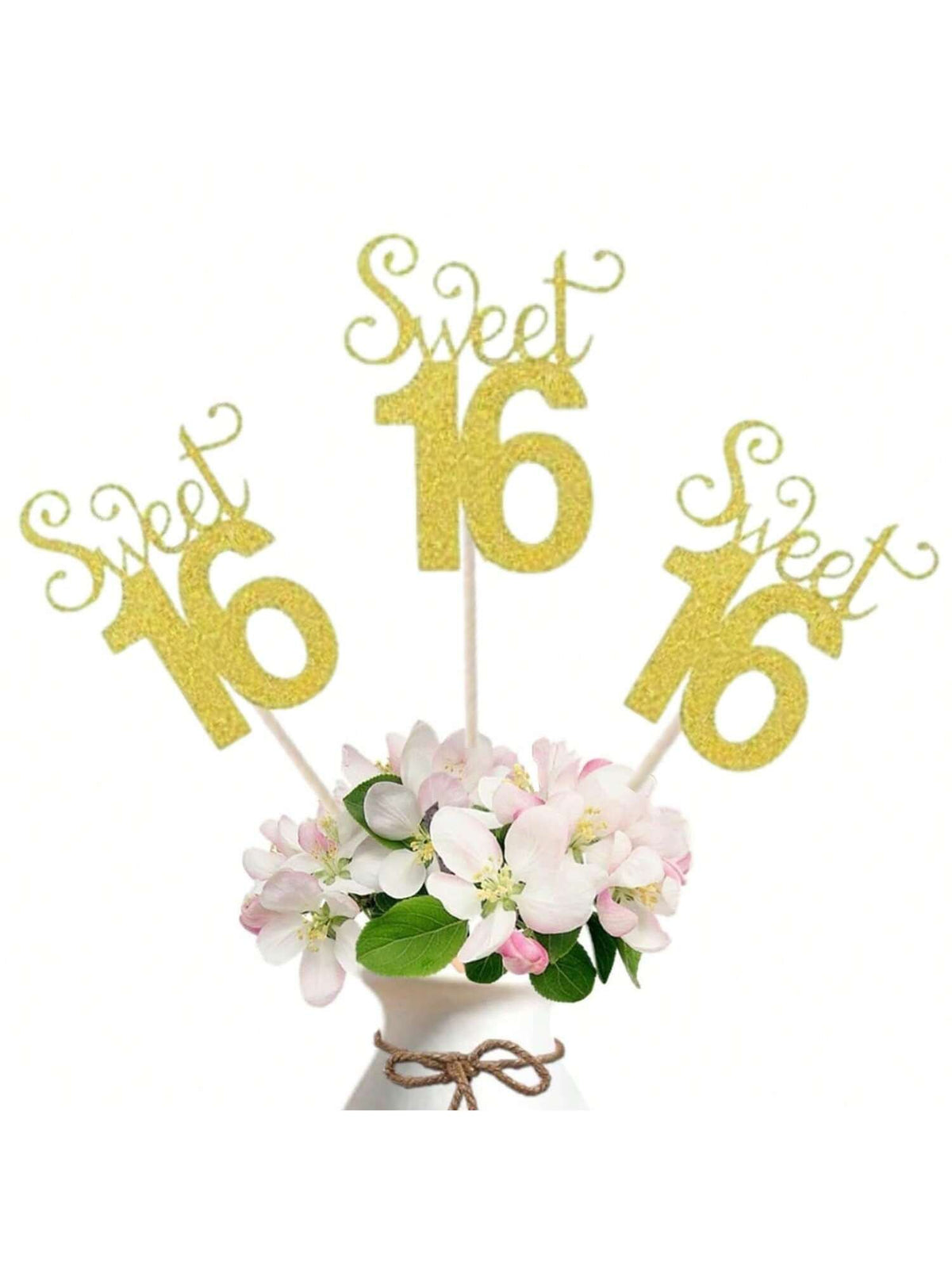 10-Pc Glitter Gold Sweet 16 Number Cake Toppers for Birthday and Party Decor