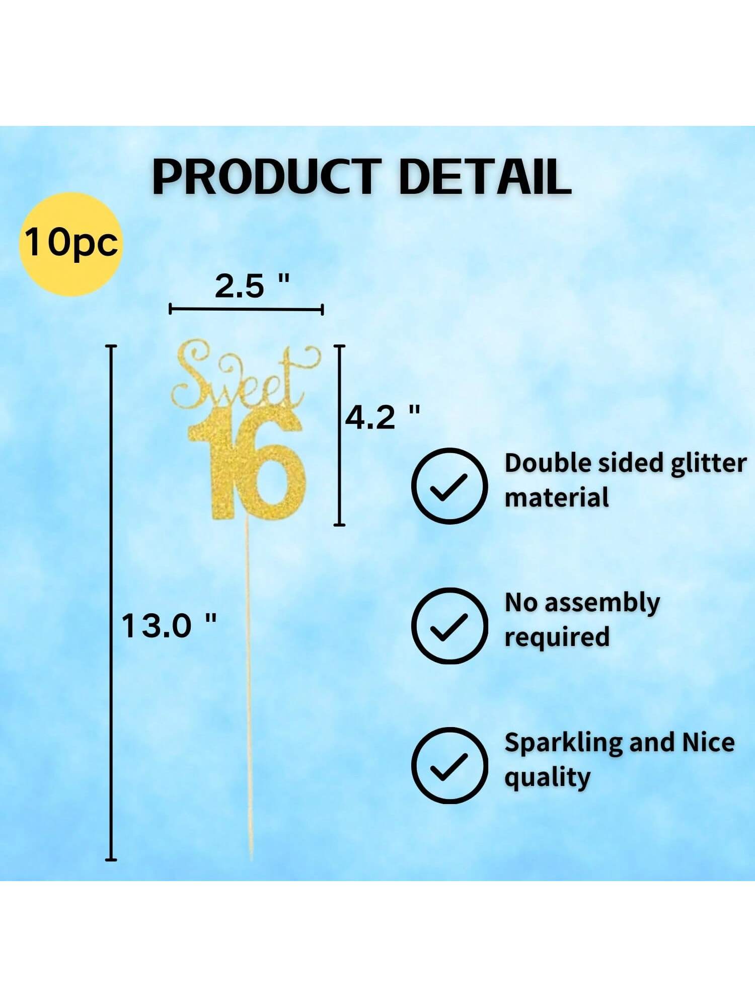10-Pc Glitter Gold Sweet 16 Number Cake Toppers for Birthday and Party Decor