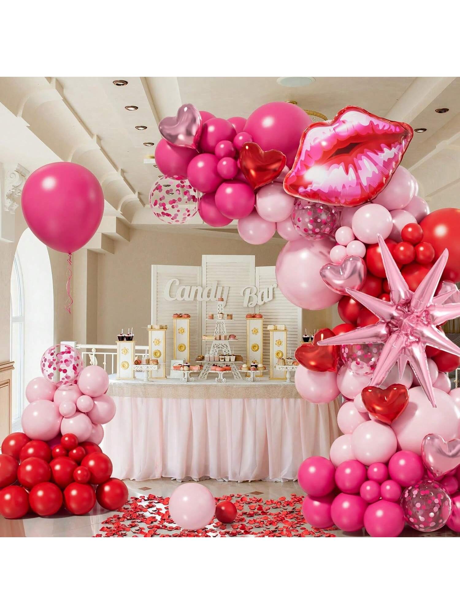 152PCS Valentine Balloon Arch Kit Pink Red Confetti Hearts Foil Decorations