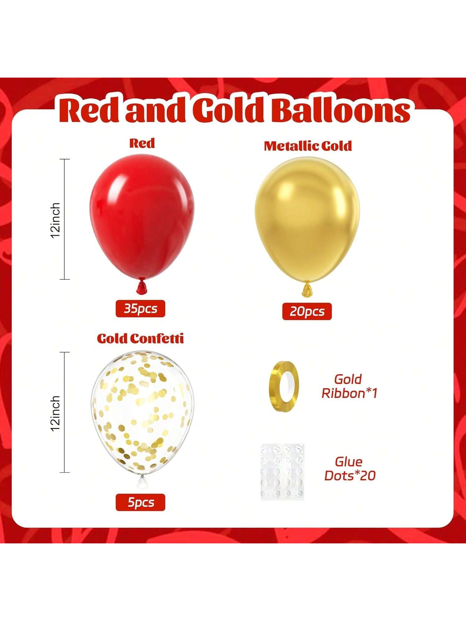 60 Pc 12 Inch Red and Gold Confetti Balloons for Birthday Wedding and Party Decor