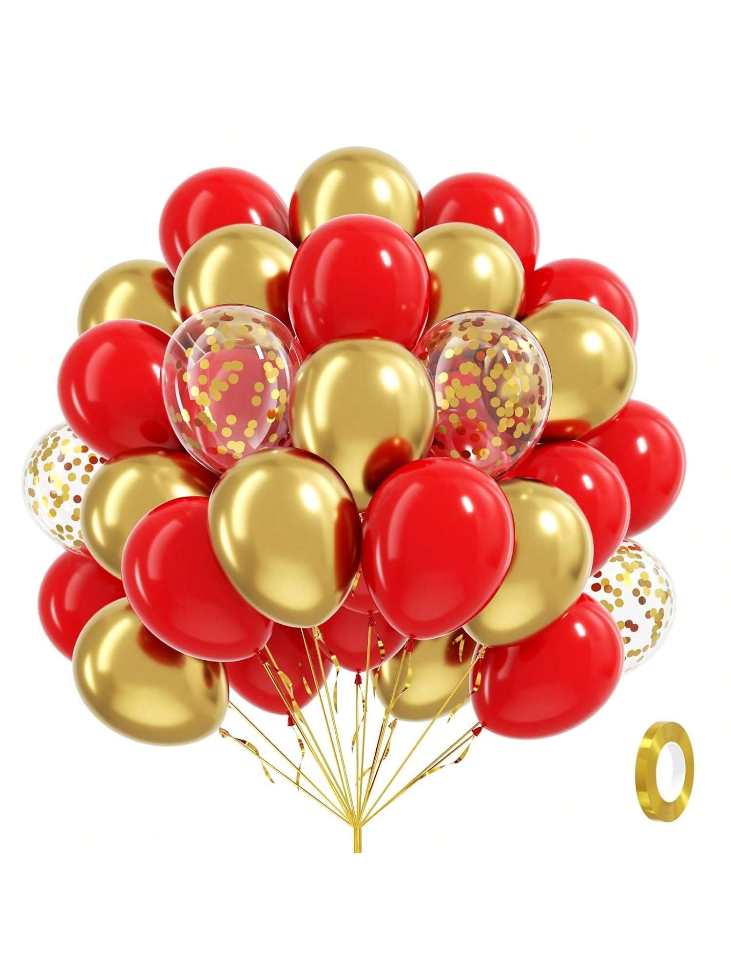 60 Pc 12 Inch Red and Gold Confetti Balloons for Birthday Wedding and Party Decor