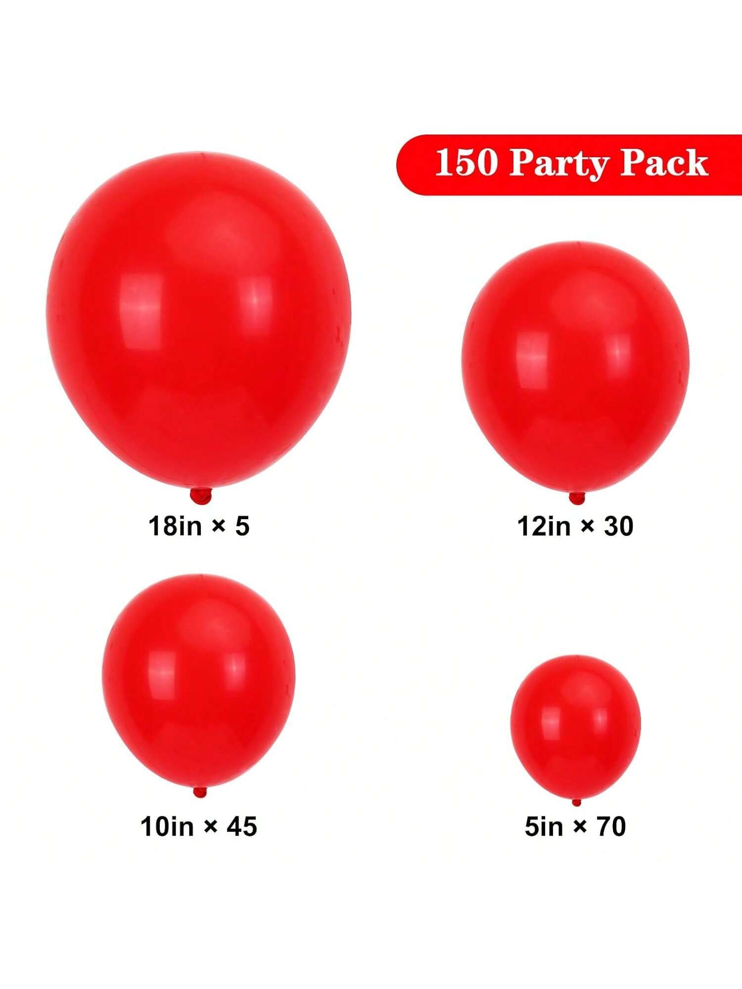 150 Red Latex Balloons in 18, 12, 10, 5 Inch for Party and Arch Decor
