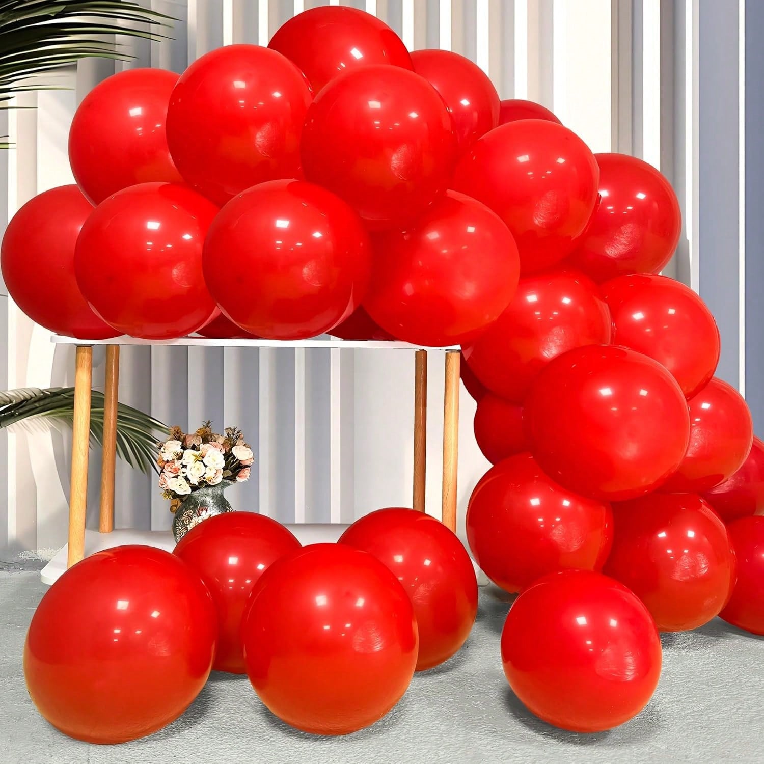 100PCS Matte Red 12 Inch Latex Balloons Thick Helium Ready with Ribbons