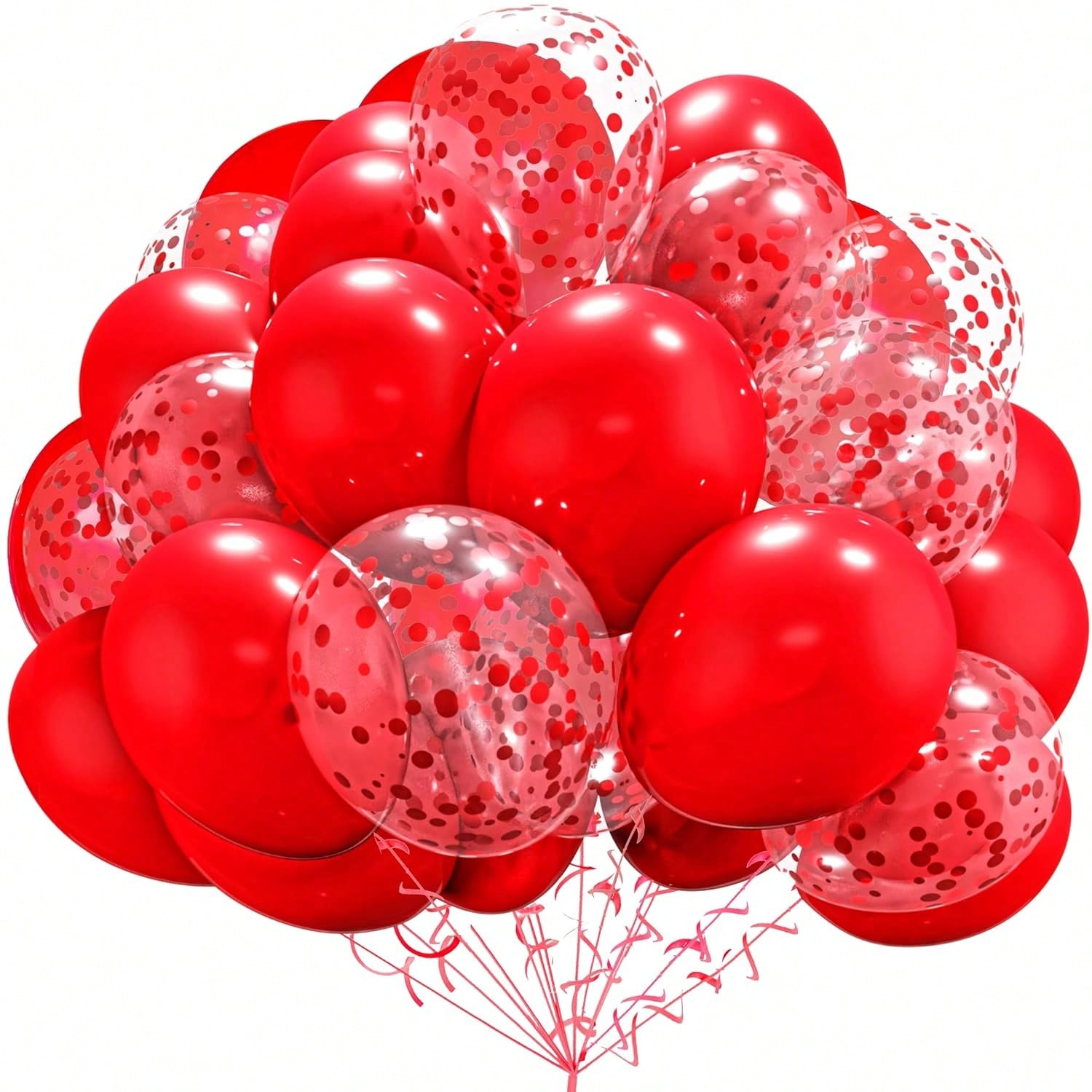 60-Pc 12-Inch Red Latex and Confetti Balloons with Ribbons for Parties and Events