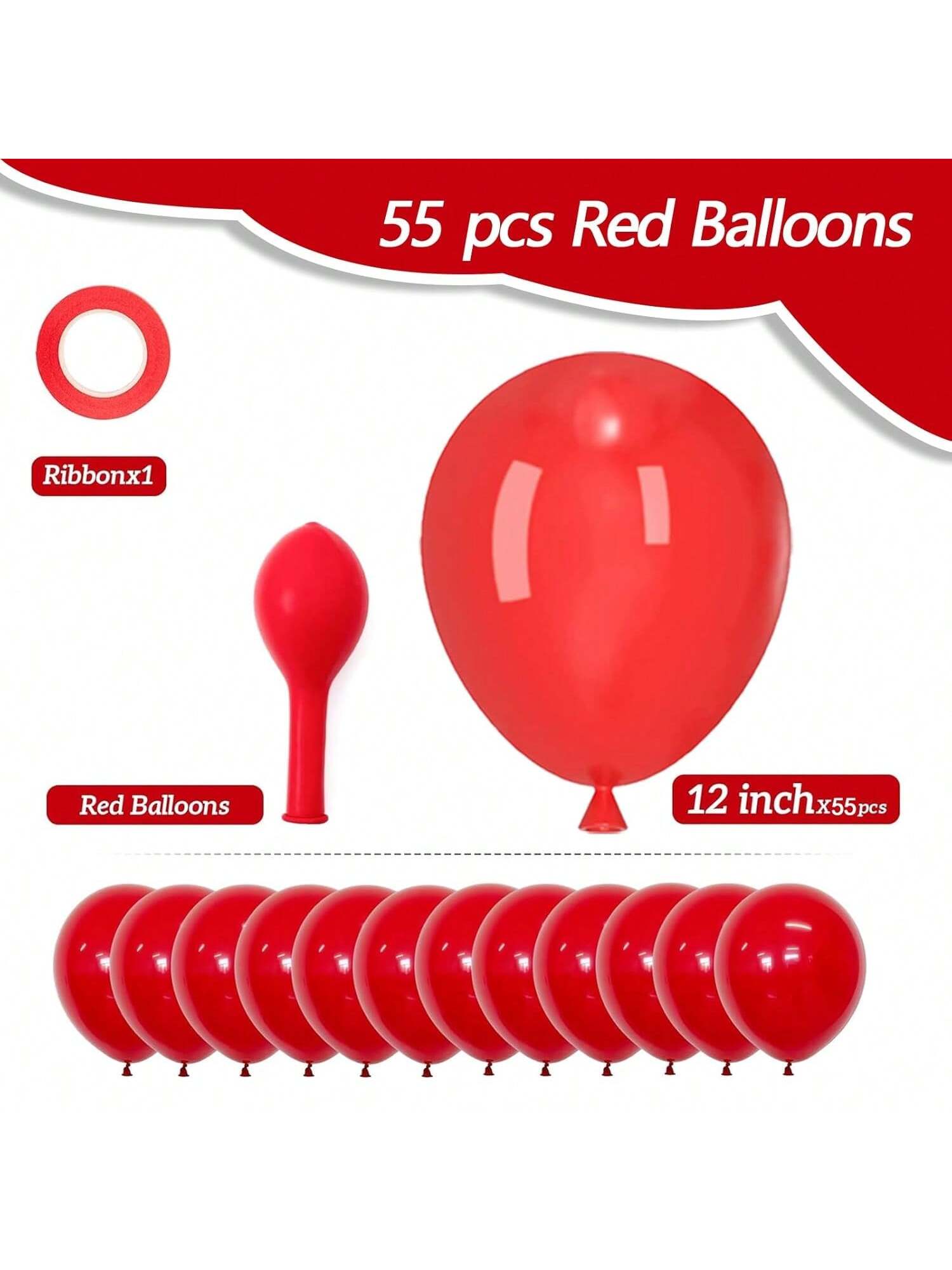 55 Pc 12 Inch Red Latex Balloons with Ribbon for Birthday Graduation and Party Decor
