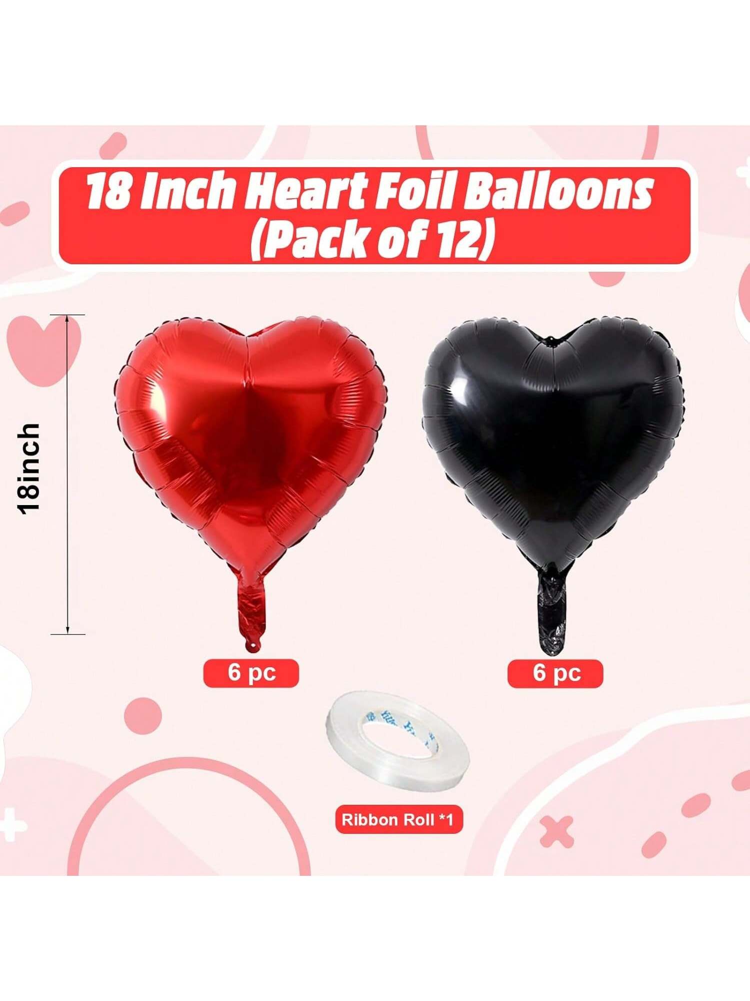 12PCS 18" Red & Black Heart Foil Balloons Valentines Wedding Party Decor