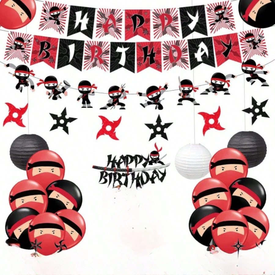 Red and Black Warrior Birthday Party Decorations for Boys with Banner and Toppers