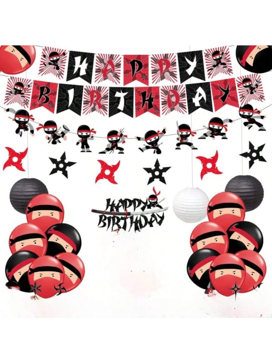 Red and Black Warrior Birthday Party Decorations for Boys with Banner and Toppers