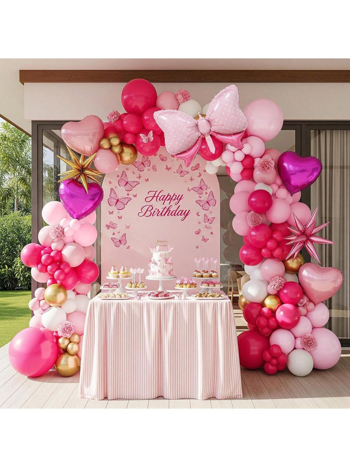 140Pc Mouse Balloon Garland Arch Pearl Pink White Gold Bowknot Party Decor