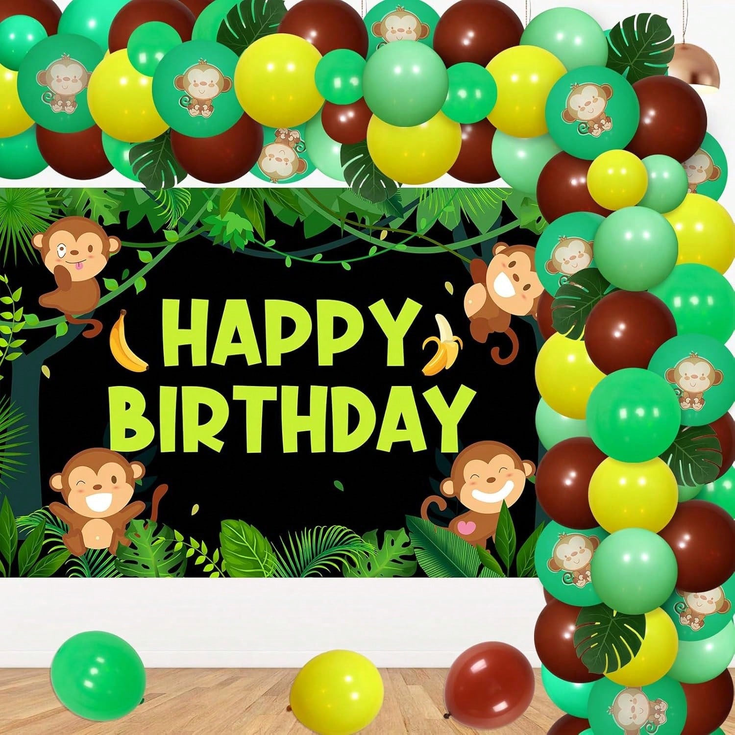 Monkey Jungle Party Decorations With Balloons, Garland, Backdrop, And Palm Leaves