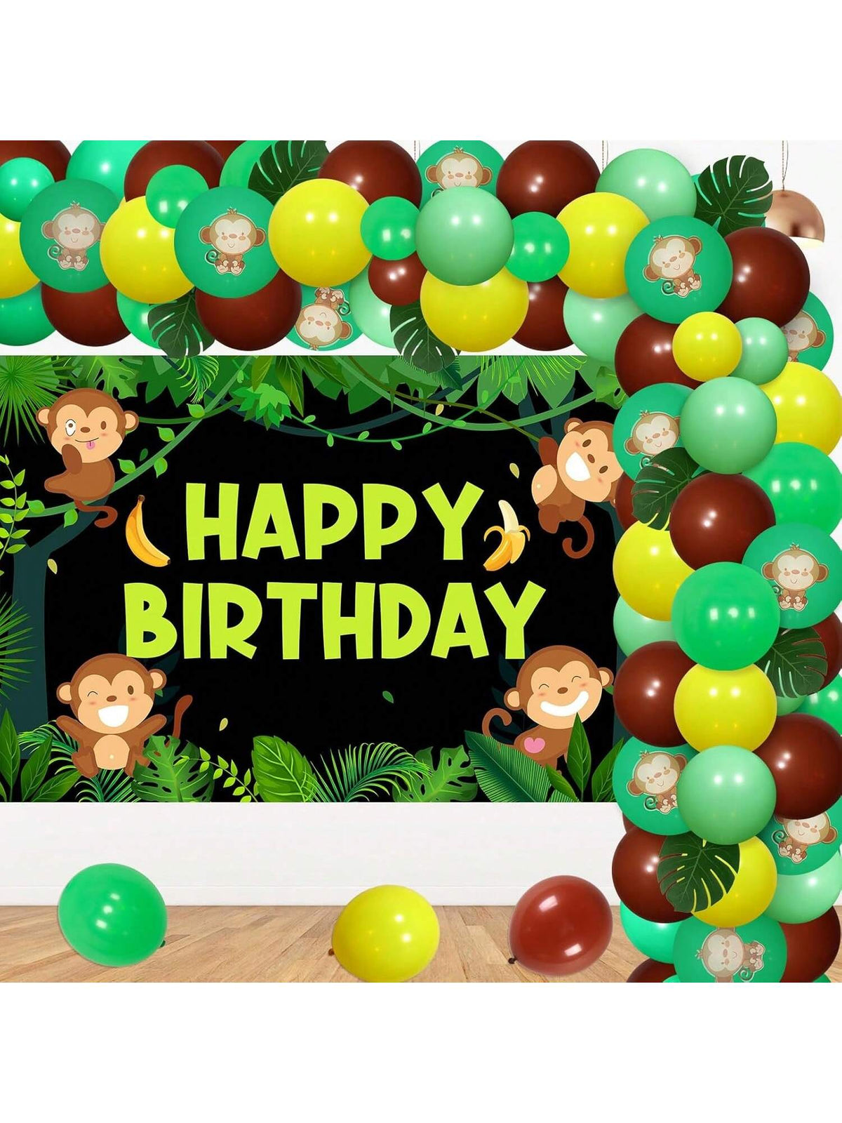 Monkey Jungle Party Decorations With Balloons, Garland, Backdrop, And Palm Leaves