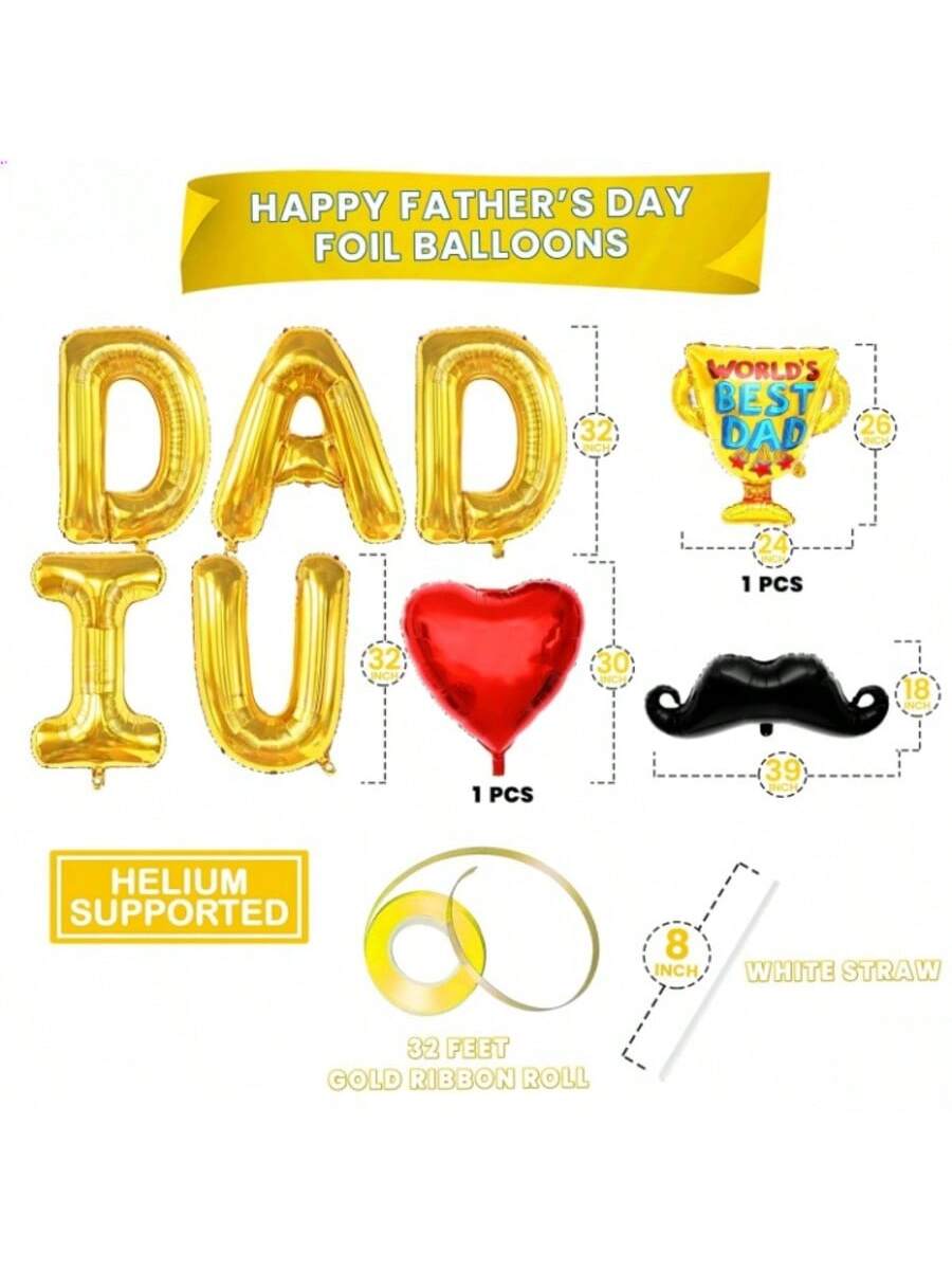 I Love U Dad Balloons 32in 8pcs Gold Fathers Day Party Decor
