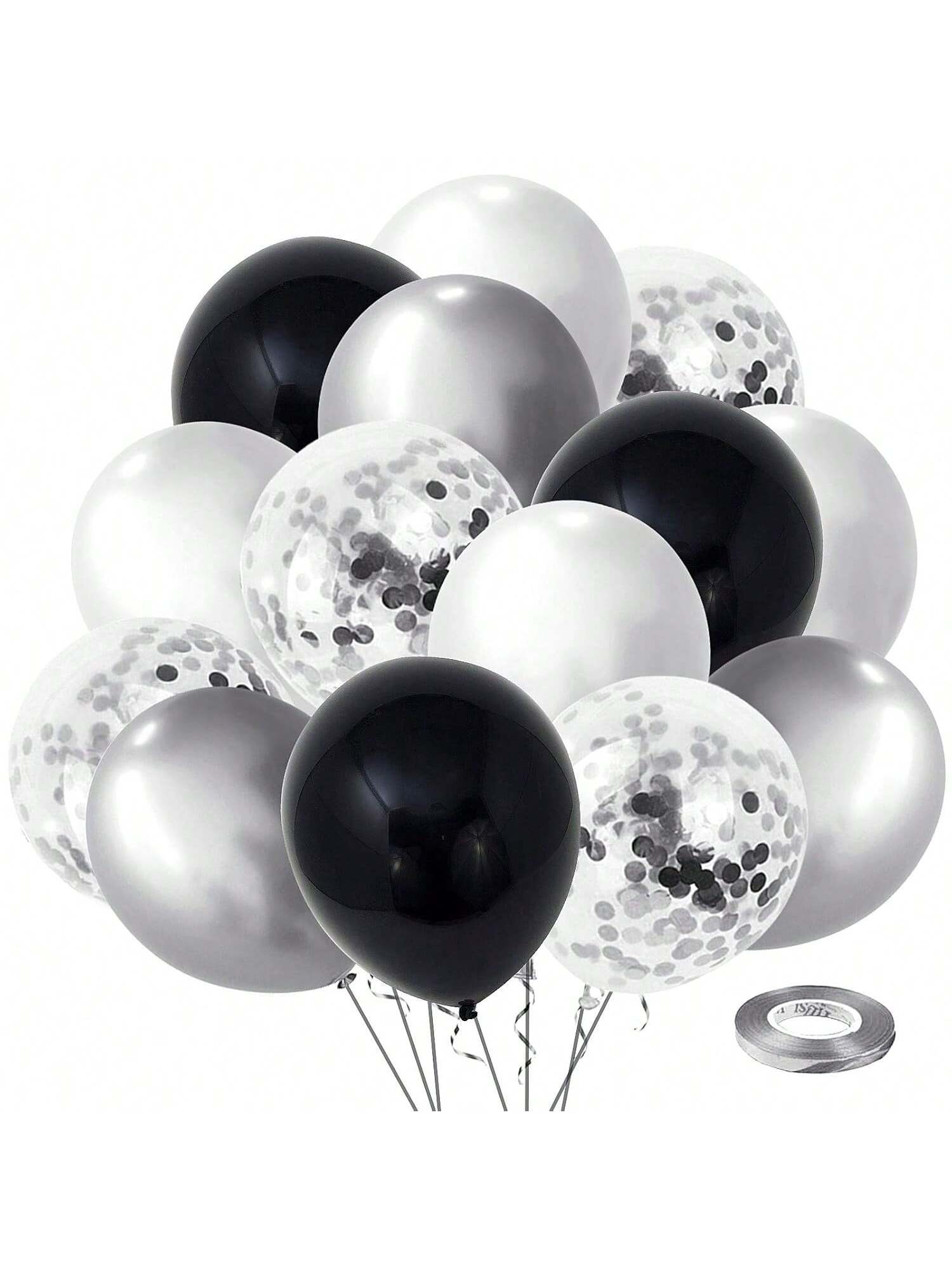 60PCS Black Silver Confetti 12 Inch Latex Balloons Birthday Wedding Party Decor