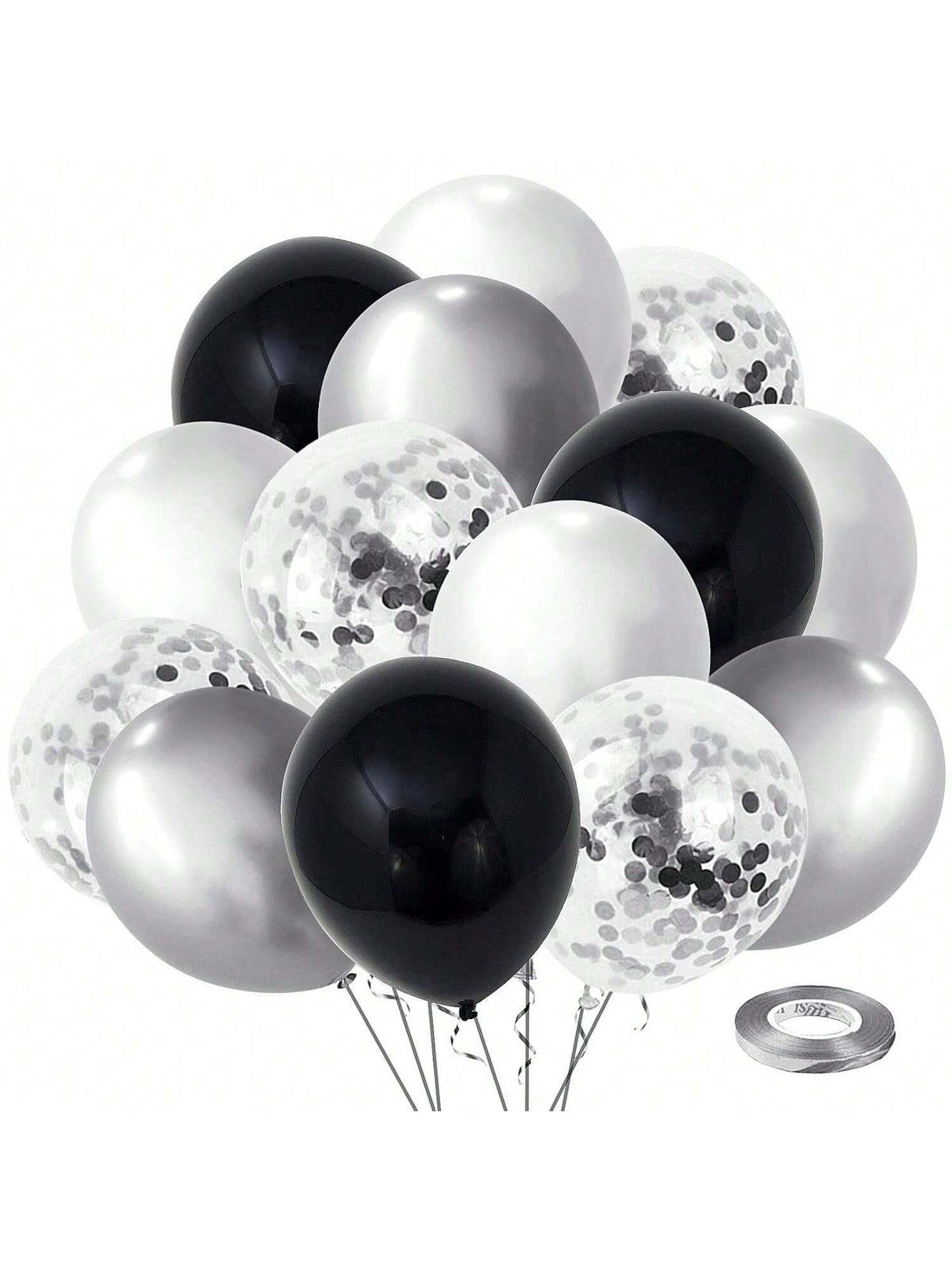 60PCS Black Silver Confetti 12 Inch Latex Balloons Birthday Wedding Party Decor
