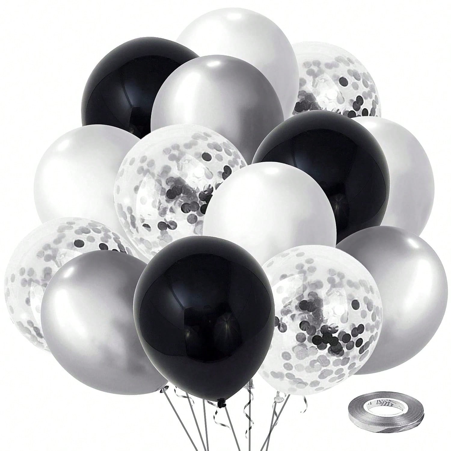 60PCS Black Silver Confetti 12 Inch Latex Balloons Birthday Wedding Party Decor