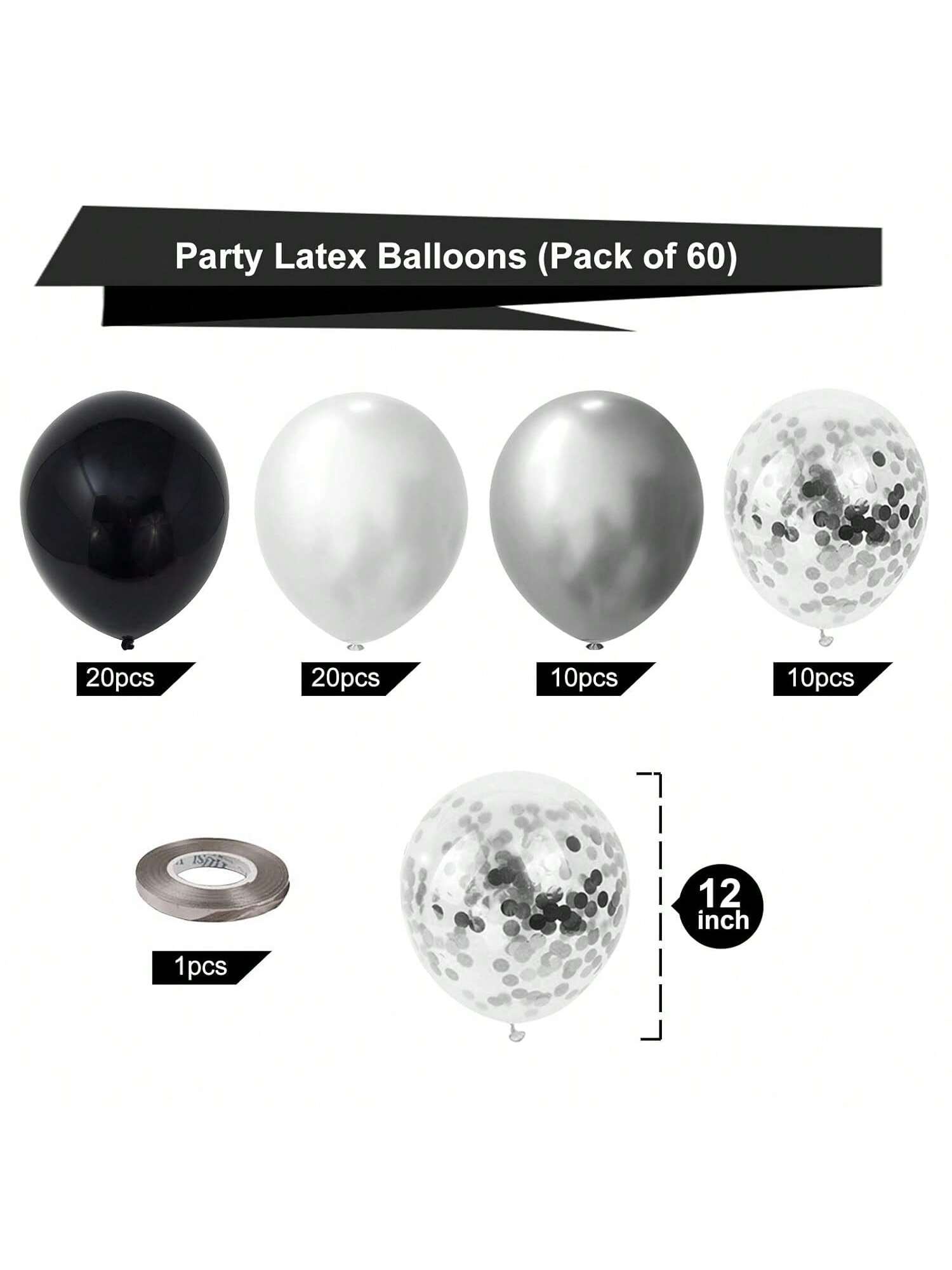 60PCS Black Silver Confetti 12 Inch Latex Balloons Birthday Wedding Party Decor
