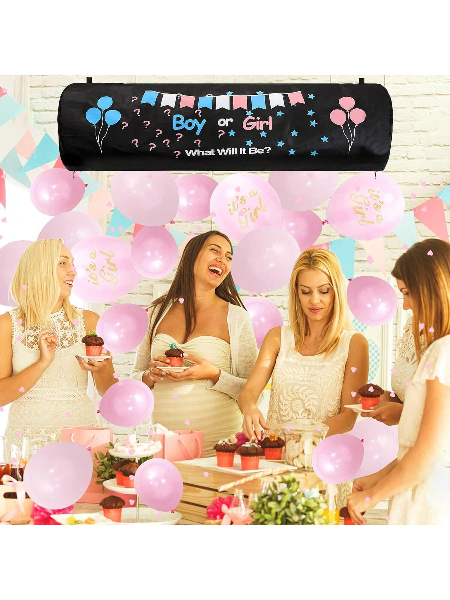 Gender Reveal Balloon Drop Bag with Balloons Confetti Backdrop for Party