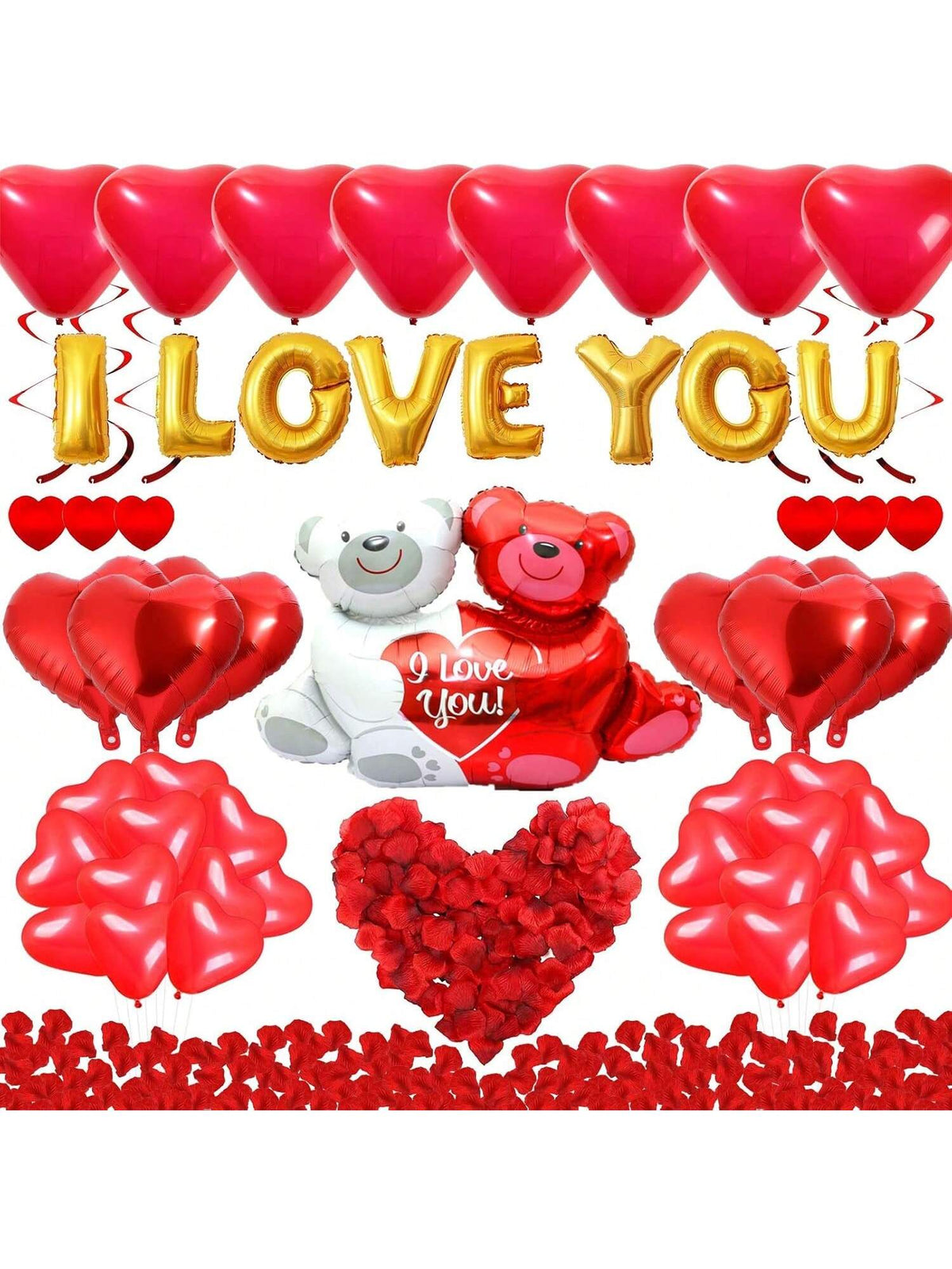 I Love You Gold and Heart Balloon Kit with 1000 Red Silk Rose Petals for Romantic Decor