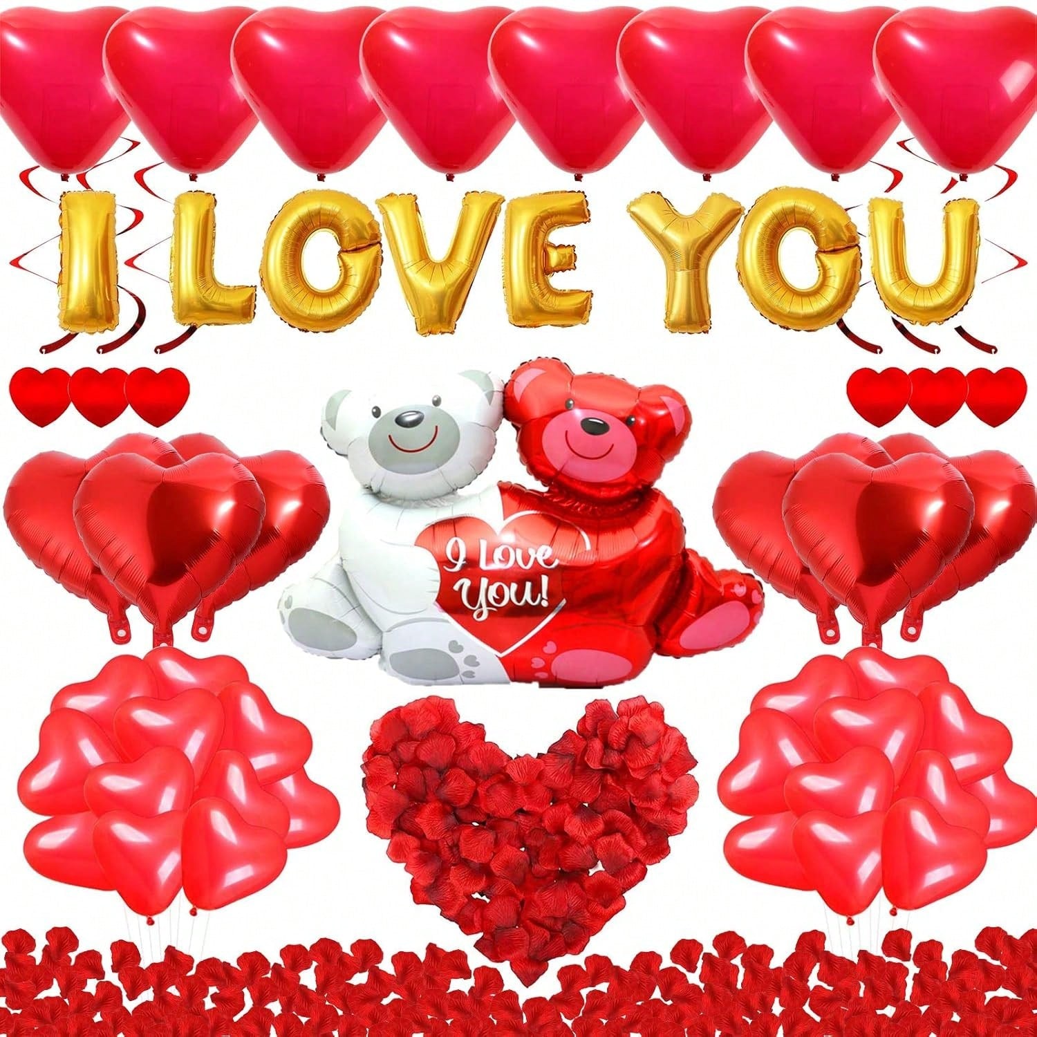 I Love You Gold and Heart Balloon Kit with 1000 Red Silk Rose Petals for Romantic Decor