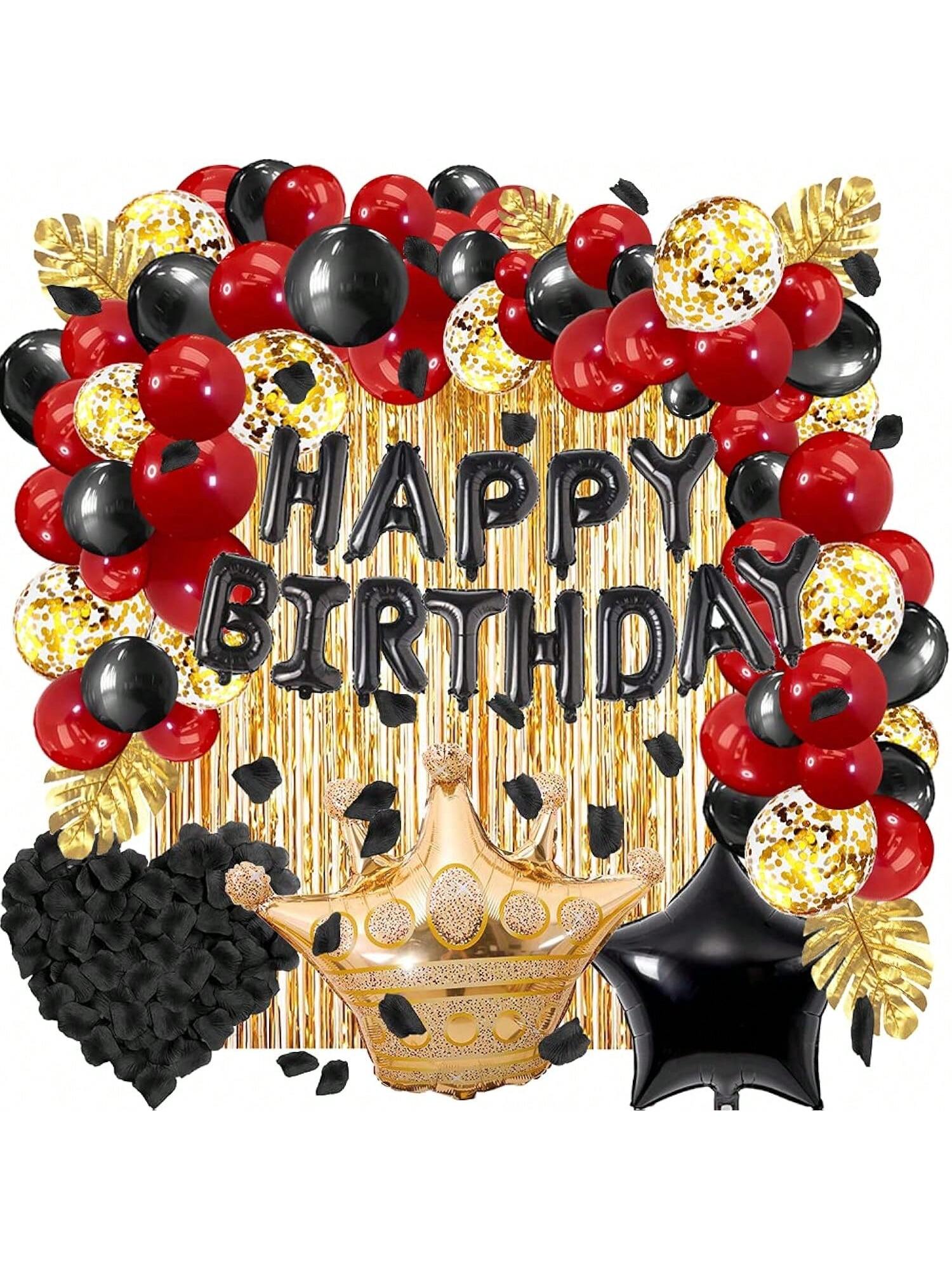 Red & Black Party Decorations Set Balloons & Gold Curtain Decor