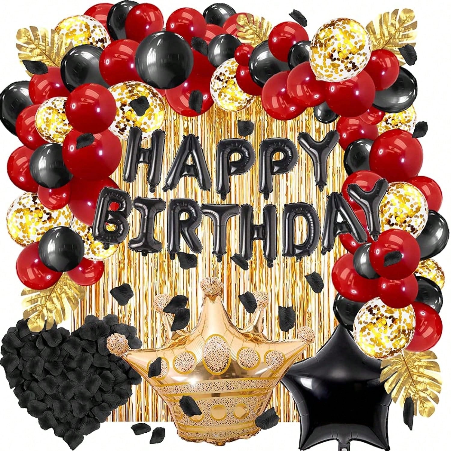 Red & Black Party Decorations Set Balloons & Gold Curtain Decor