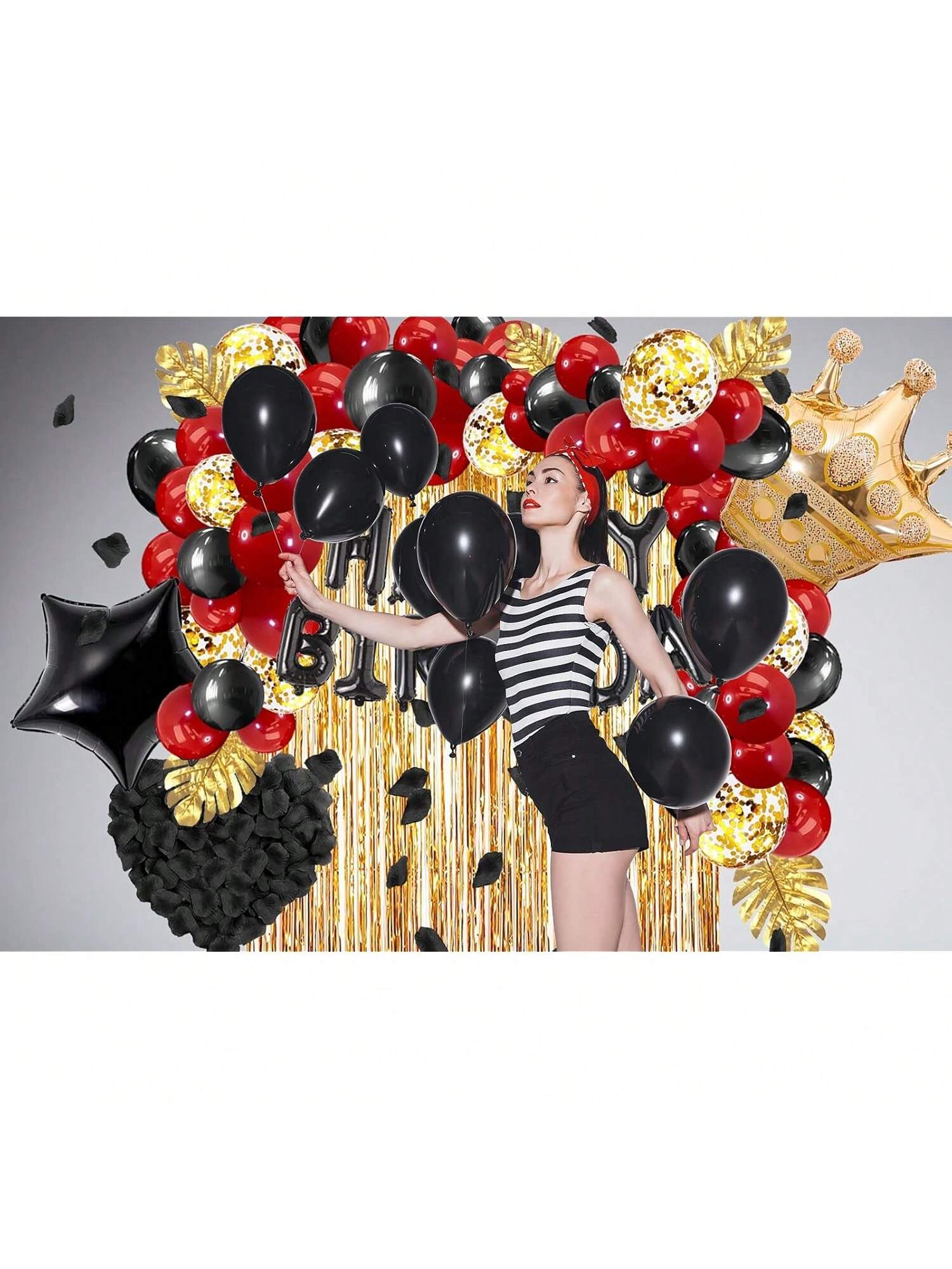 Red & Black Party Decorations Set Balloons & Gold Curtain Decor