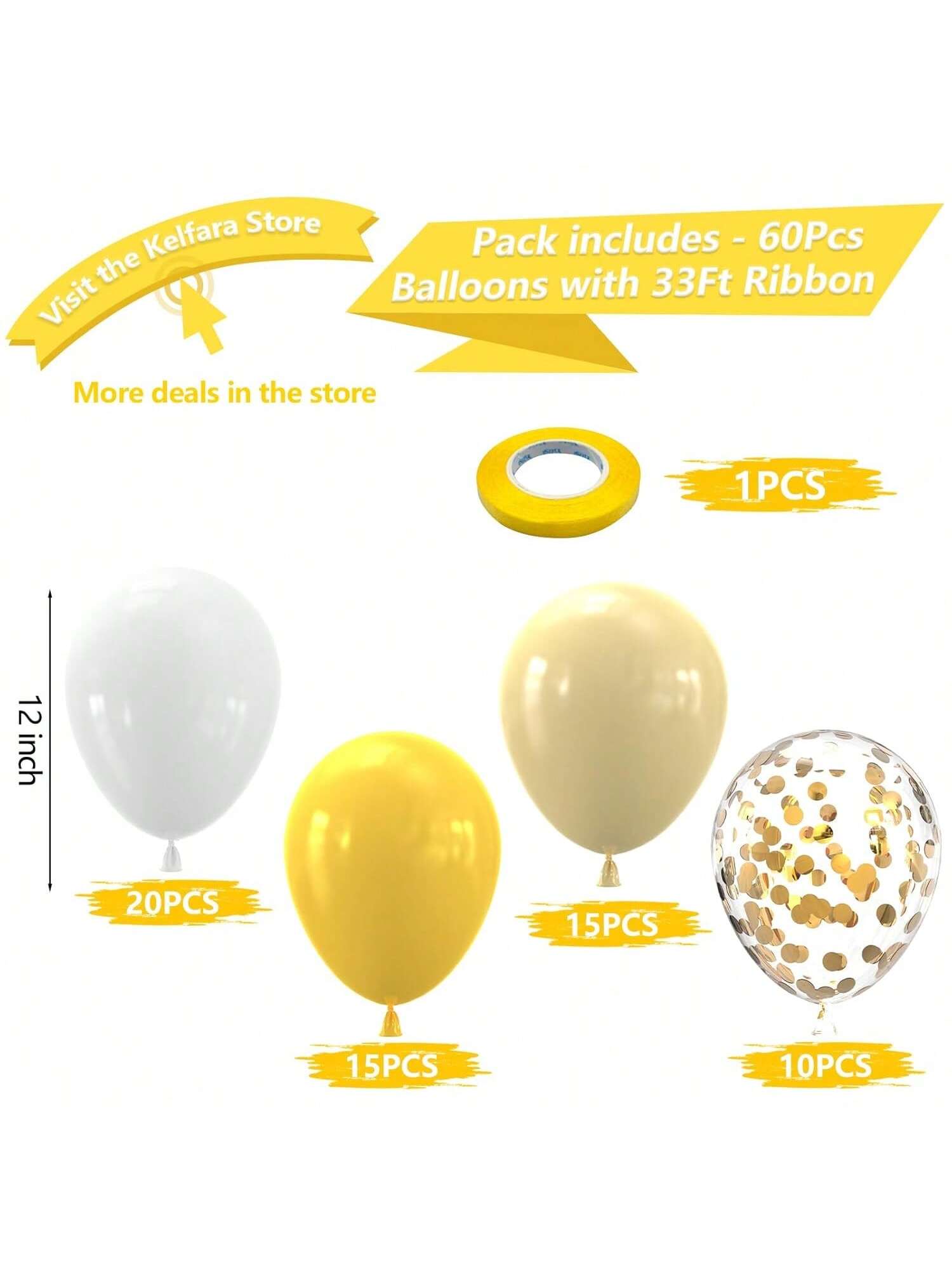 60PCS Yellow White Confetti 12 Inch Balloons Sunflower Party Decor