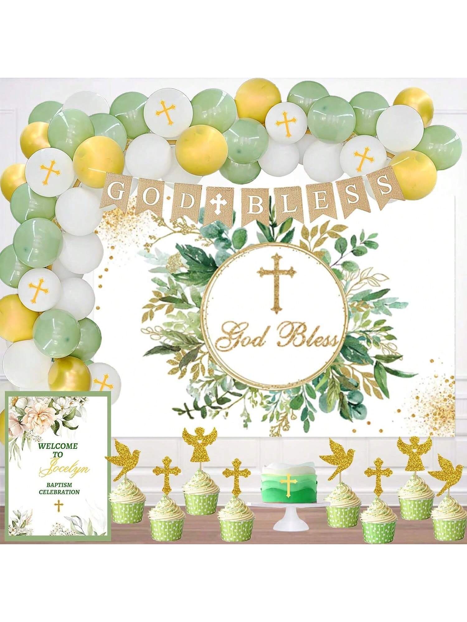 97PCS Baptism and Christening Decorations Balloon Garland Backdrop and Toppers
