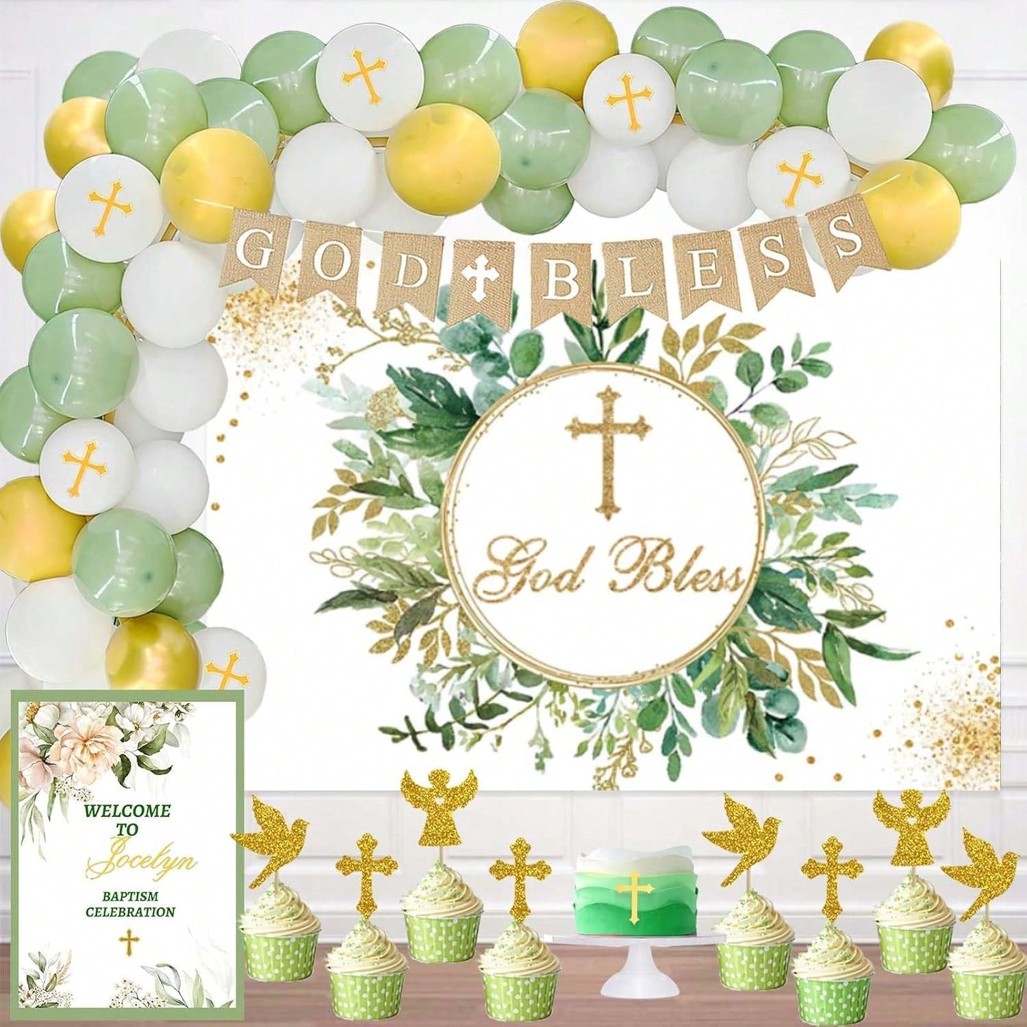 97PCS Baptism and Christening Decorations Balloon Garland Backdrop and Toppers