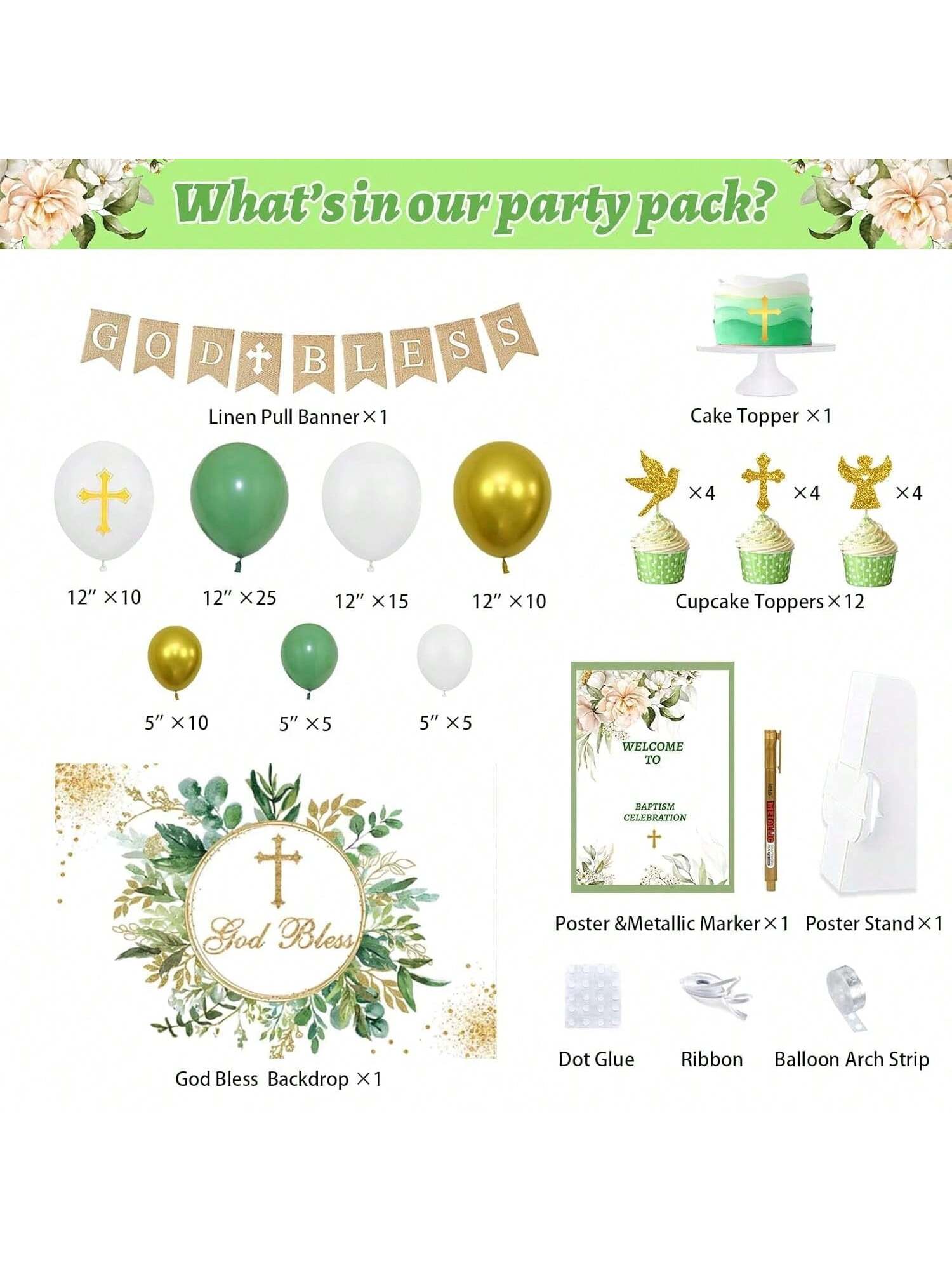 97PCS Baptism and Christening Decorations Balloon Garland Backdrop and Toppers