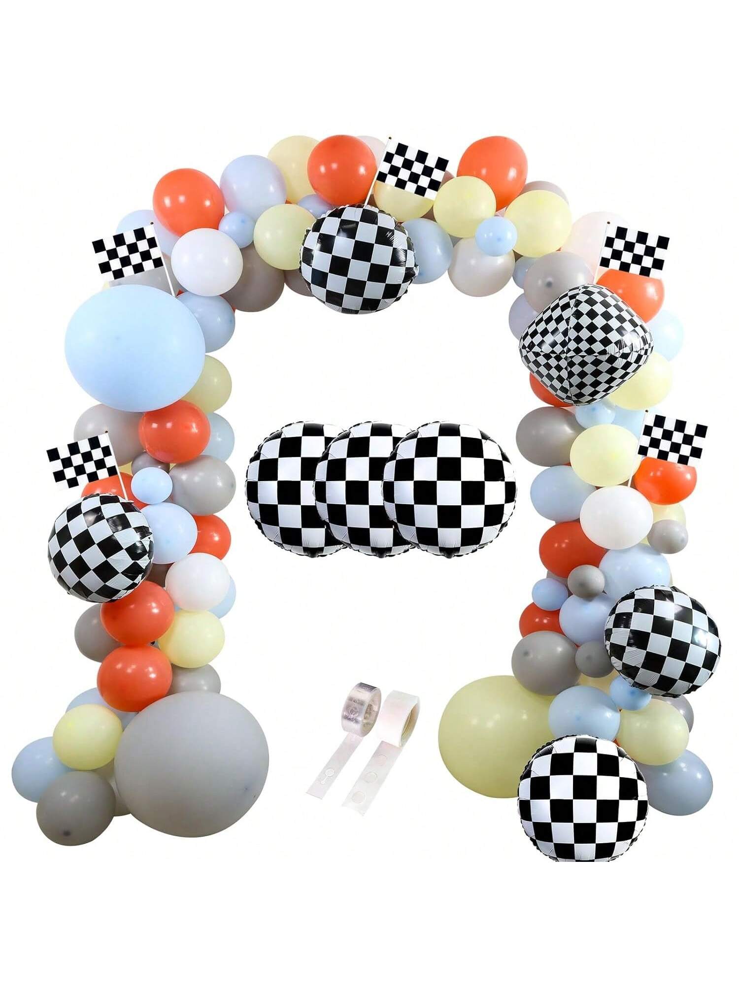 Race Car Balloon Garland Kit 136 pcs Gray Yellow Blue with Checkered Foil