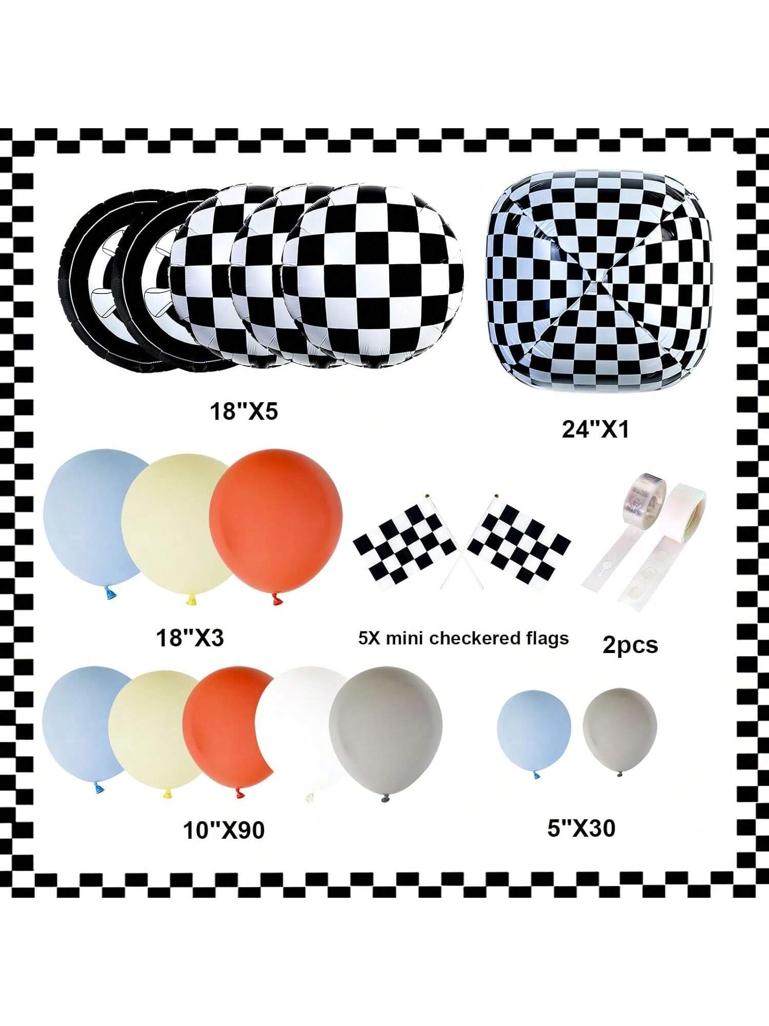 Race Car Balloon Garland Kit 136 pcs Gray Yellow Blue with Checkered Foil