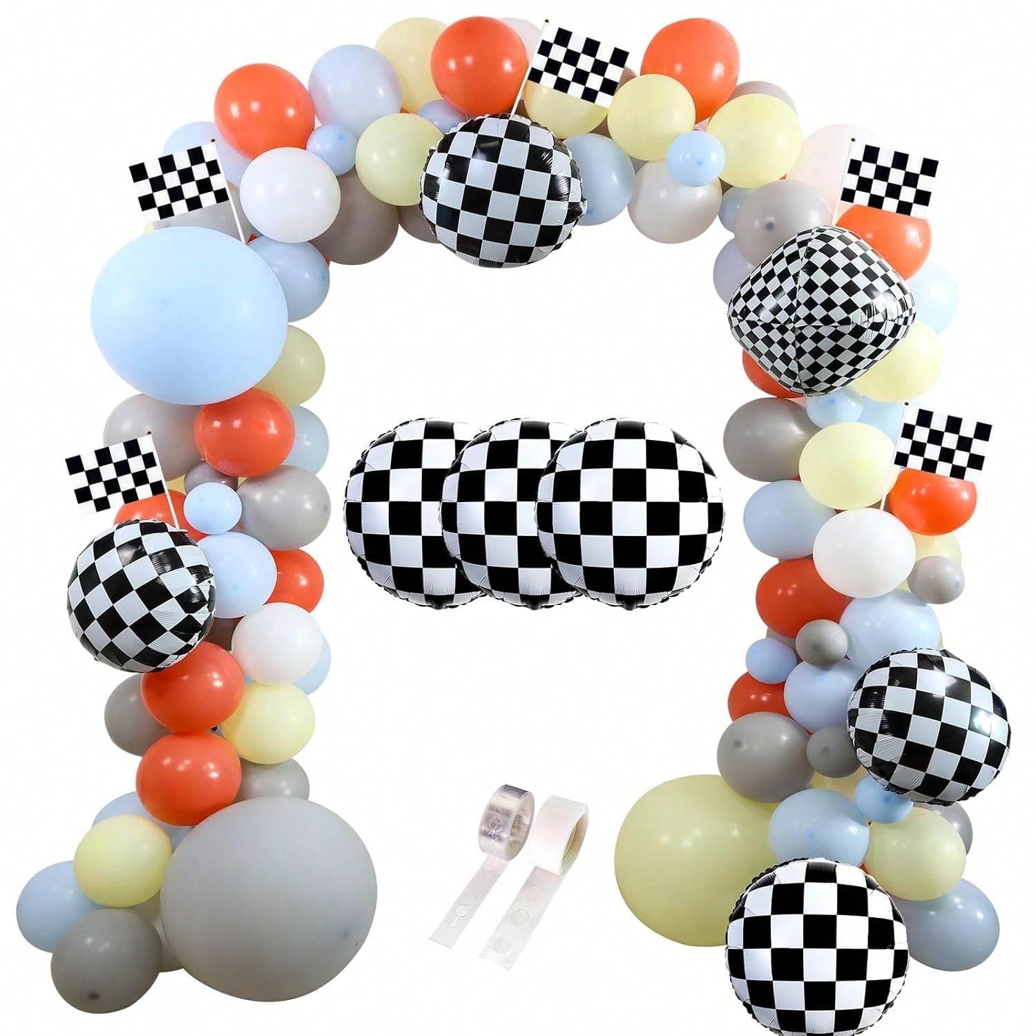Race Car Balloon Garland Kit 136 pcs Gray Yellow Blue with Checkered Foil