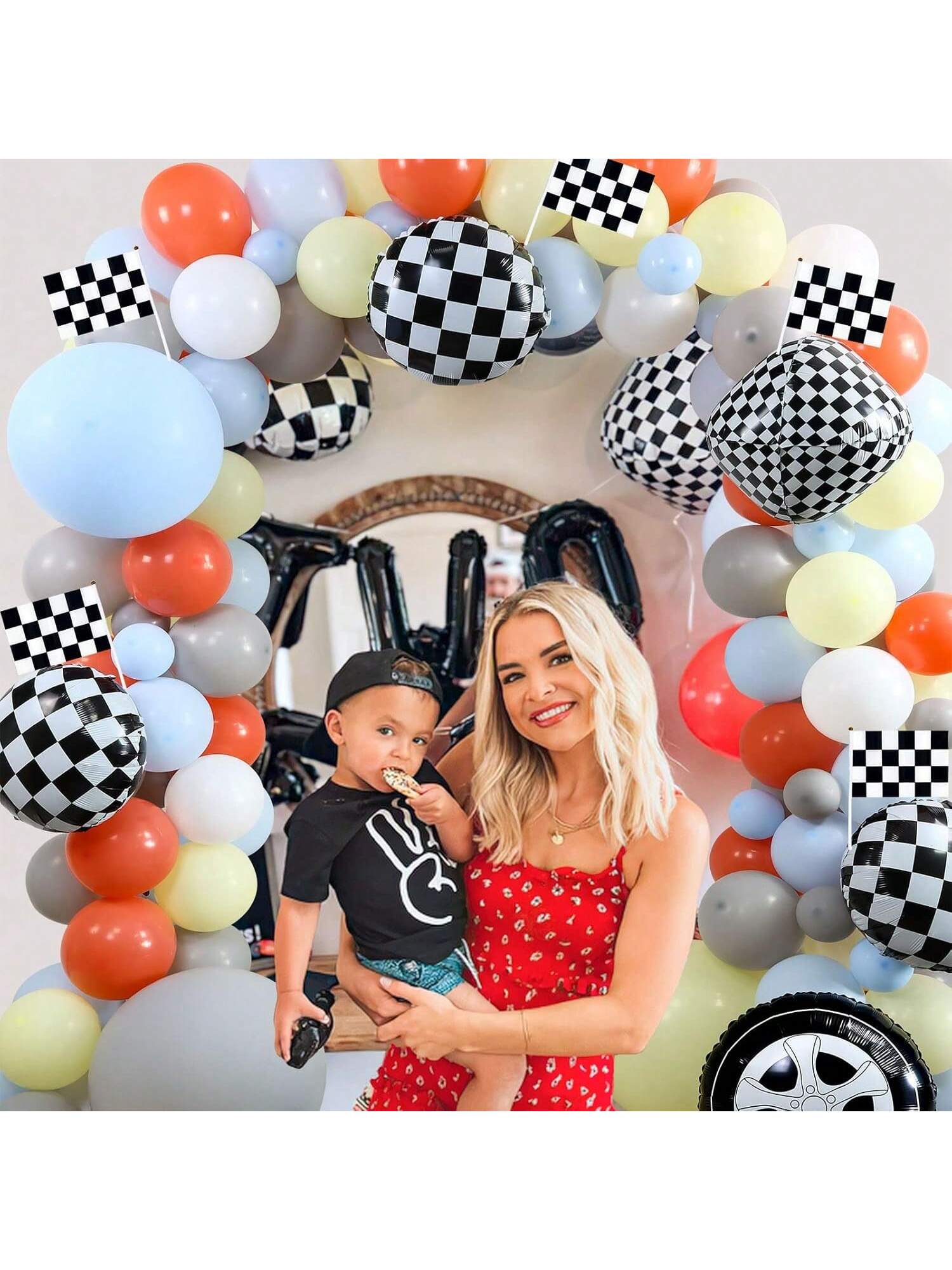 Race Car Balloon Garland Kit 136 pcs Gray Yellow Blue with Checkered Foil