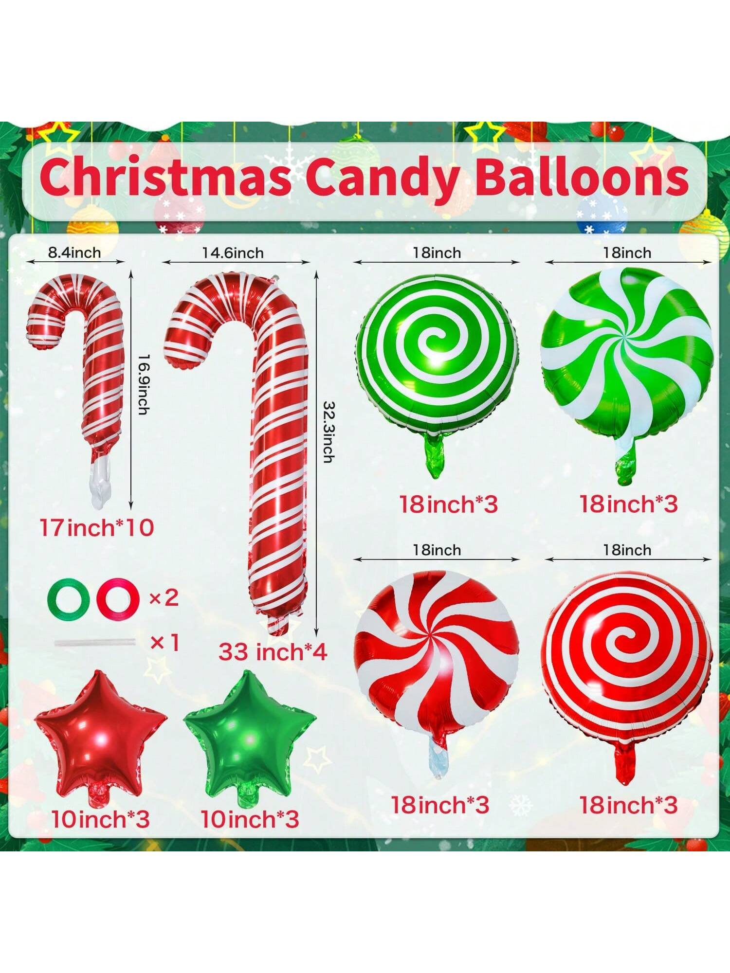 34pcs Christmas Candy Cane Foil Balloons Red White Green for Party & Backdrop