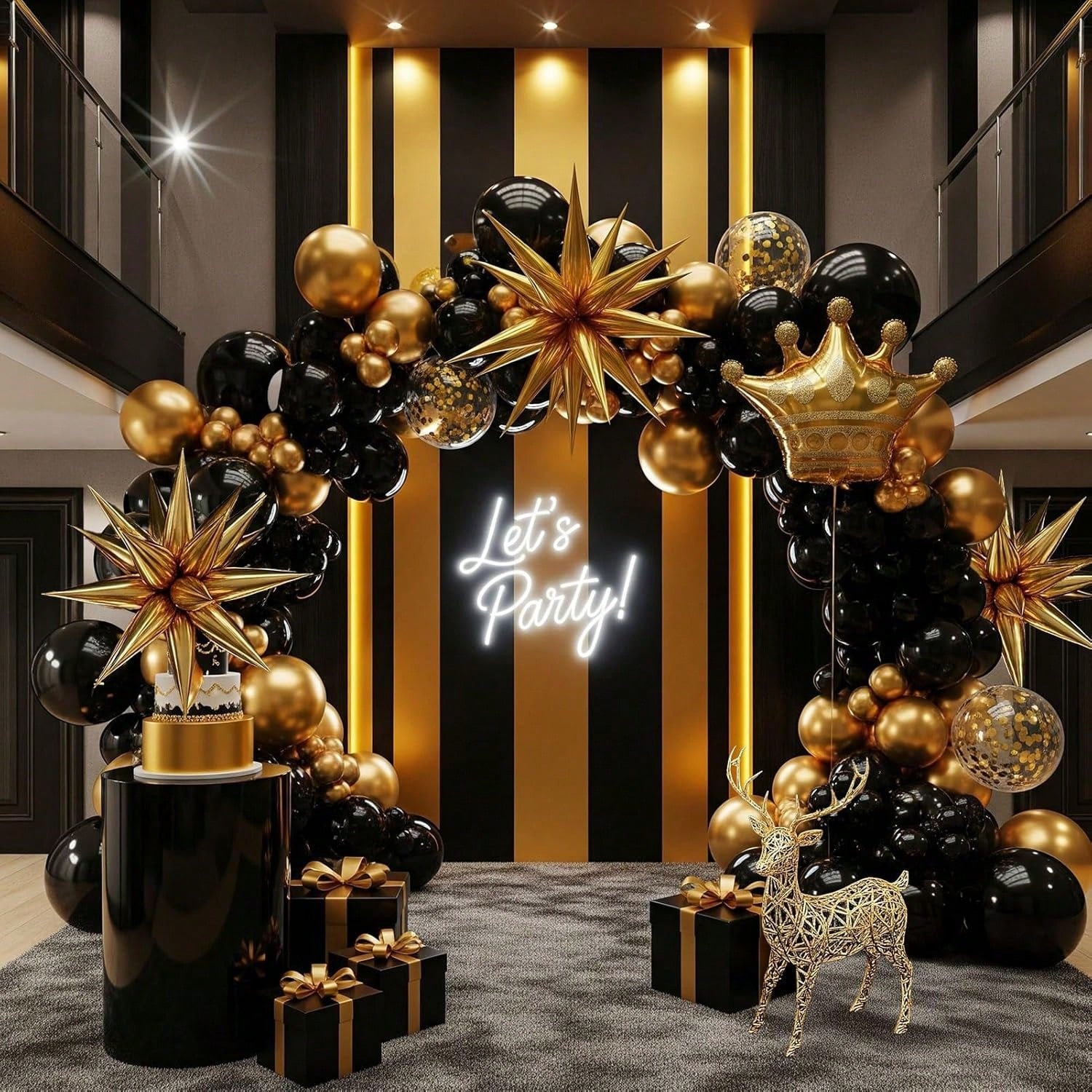 133pcs Gold & Black Balloon Garland with Starburst Mylar Balloons