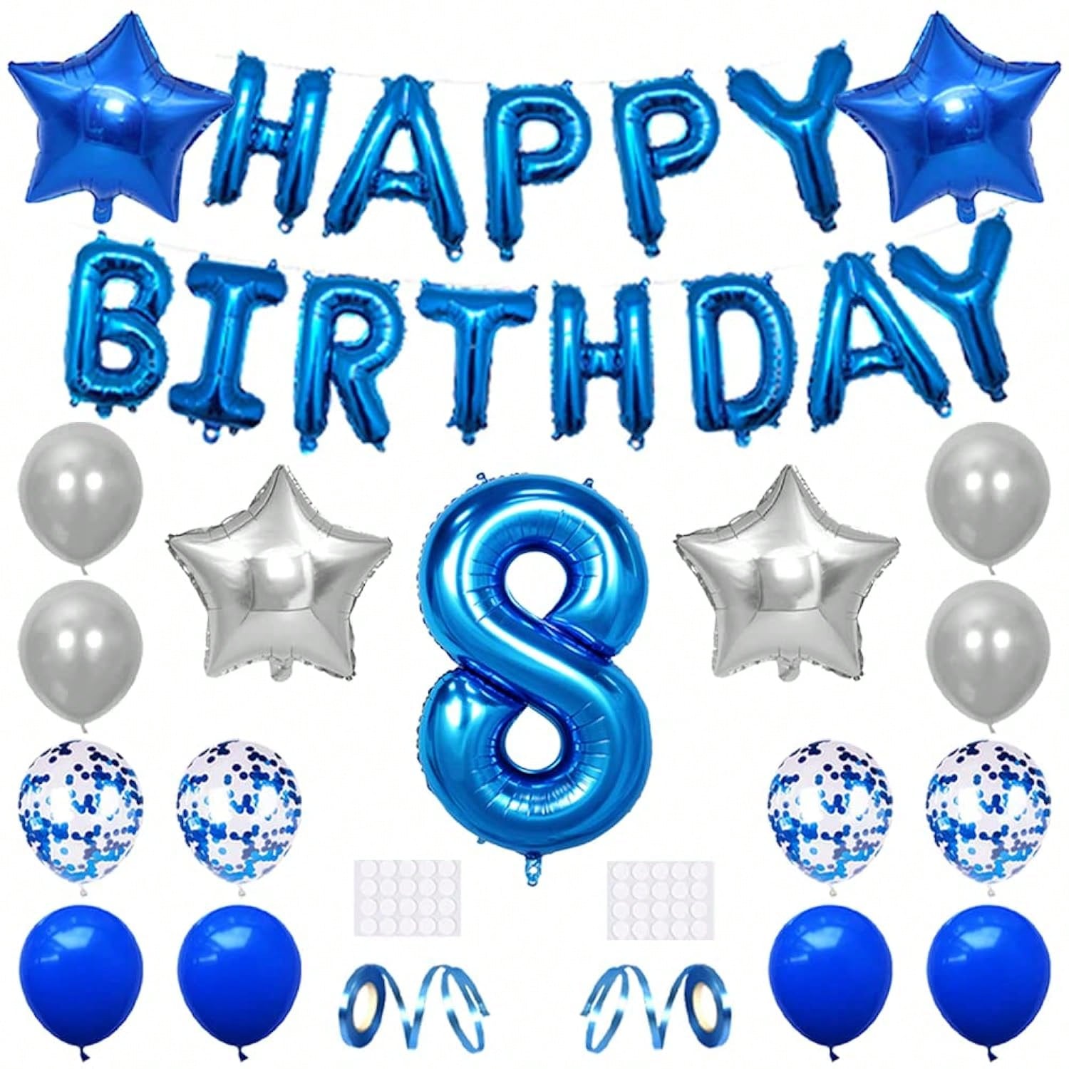 8th Birthday Party Decorations Banner & Balloons 32" Number 8 Blue Silver