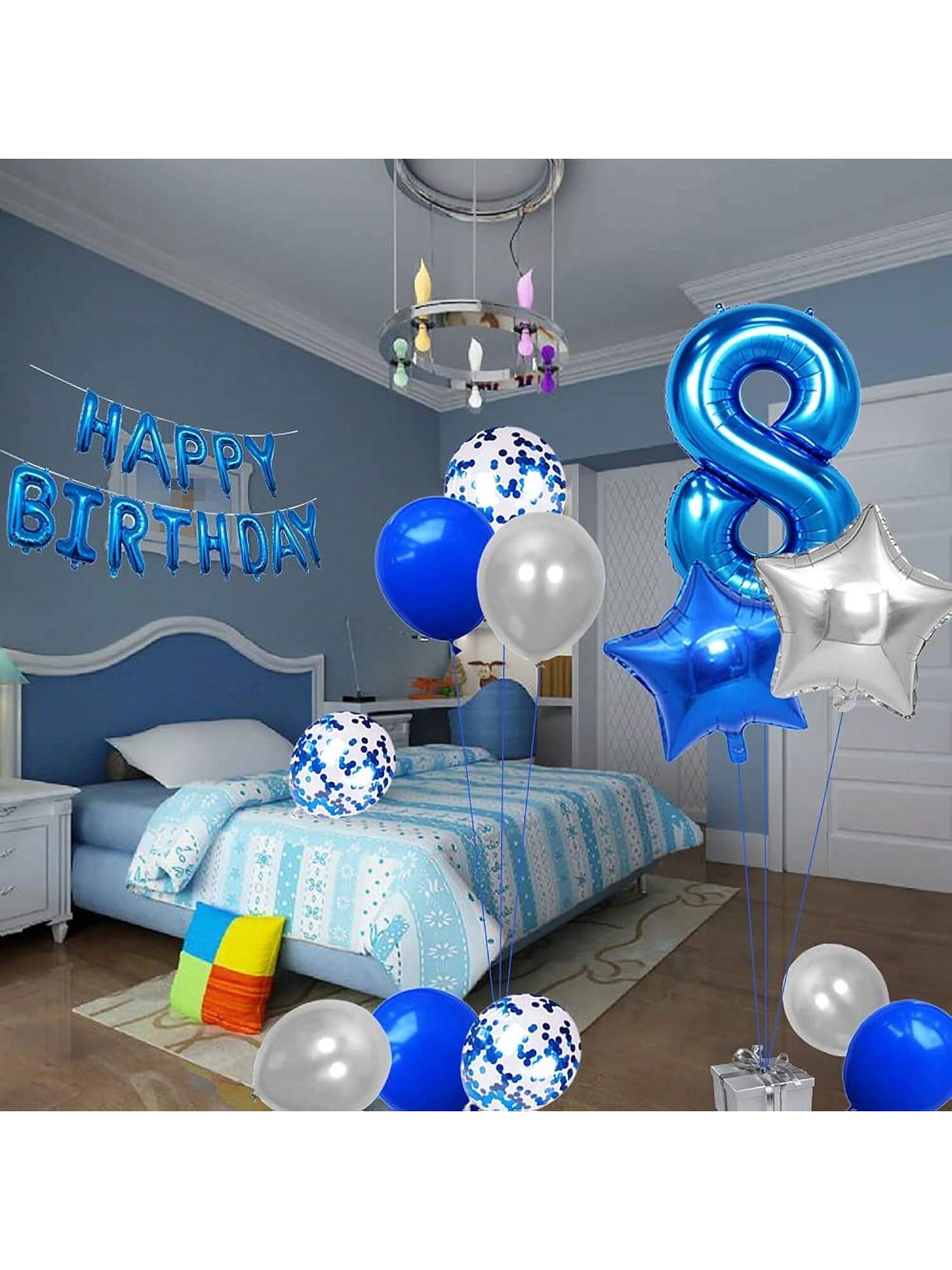 8th Birthday Party Decorations Banner & Balloons 32" Number 8 Blue Silver
